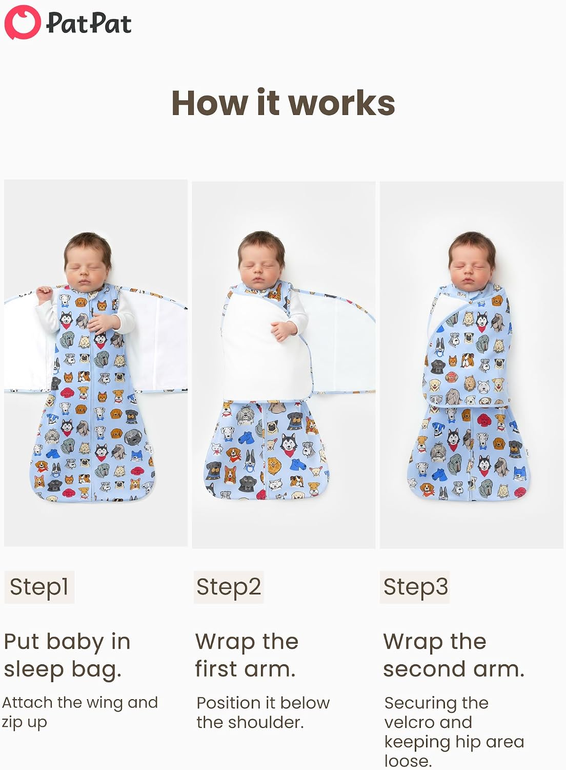 PATPAT Cotton Swaddle for Newborns, Soft Baby Wearable Blanket, Quiet Hook & Loop Closure, Easy Transition Design, 2-Way Zipper for Easy Diaper Changes, 0.5 TOG, Puppy Print, 3-6 Months