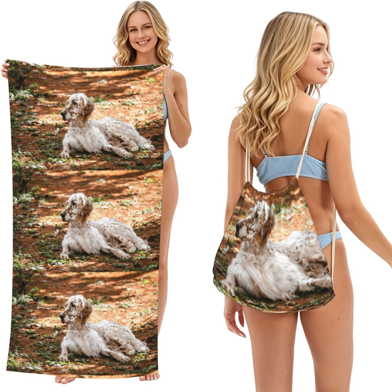 Poadnly As Picture English Setter Autumn Pets Dogs English, 2 In 1 Packable Towel Bag, Beach Towels With Drawstring Backpack For Travel Holiday Camping