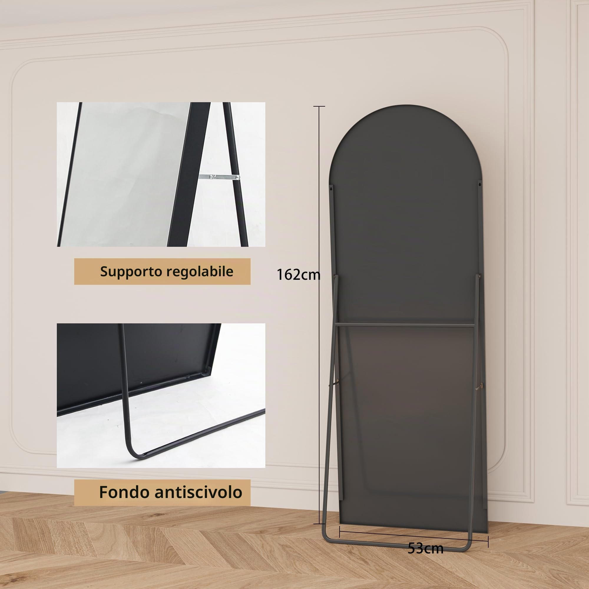 Specchio su piedistallo, 162 x 53 cm, specchio ad arco, grande da posare, con vetro robusto, specchi a tutta lunghezza, telaio in lega di alluminio nero per camera da letto, ingresso, soggiorno