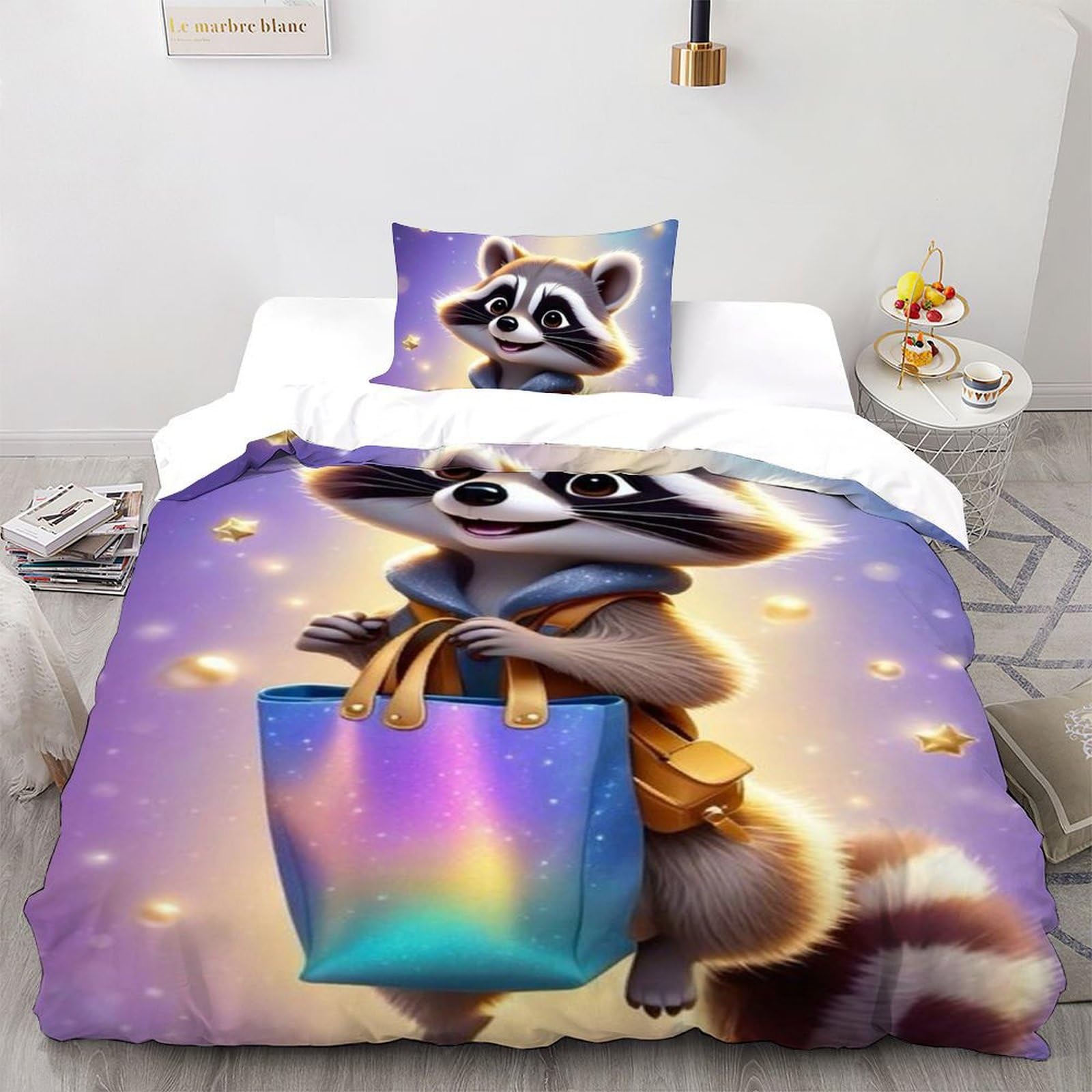 Housse de couette raton laveur 135x200 cm imprimé 3D animaux pour chambre de fille