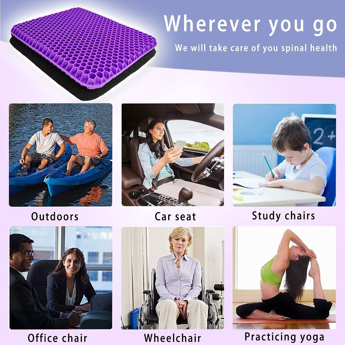 Coussin de Chaise,Coussin de Gel Respirant, Coussin Anti Escarres, Soulage la Pression sur Le Orthopédique avec Housse Antidérapant pour Voiture/Bureau/Maison/Fauteuil Roulant (Violet)