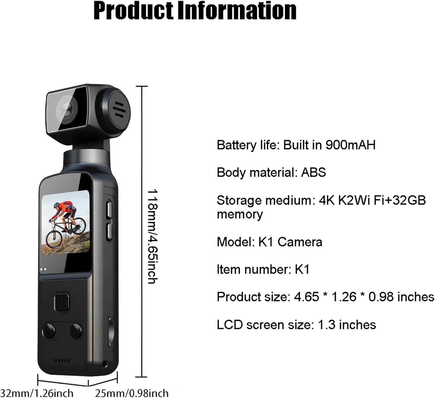 4K Handheld Gimbal Camera with WiFi, 270° Wide-Angle Lens, Sports Action Camera with Built-in Display, Portable Video Recorder for Cycling and Outdoor Activities