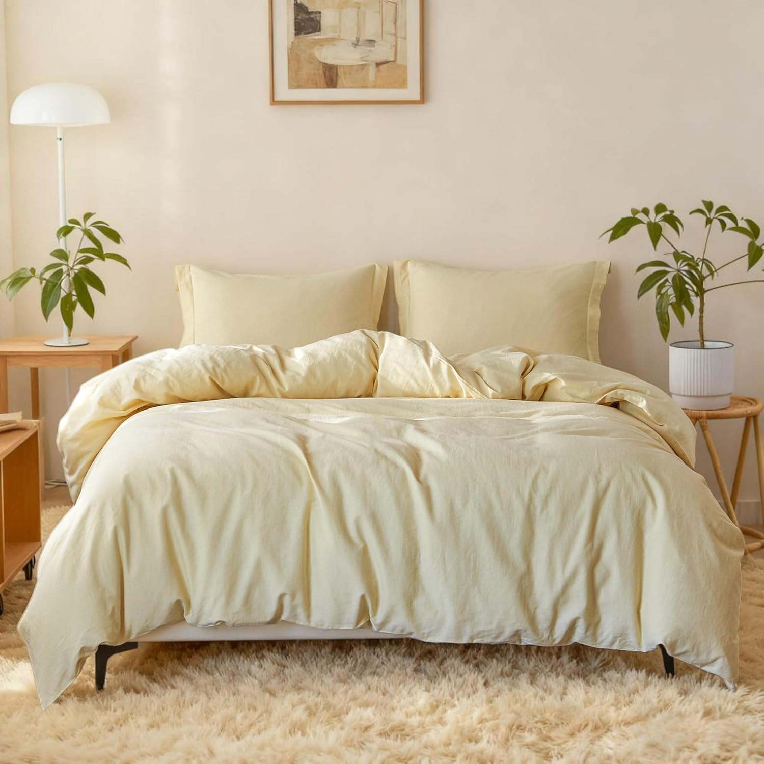 Simple&Opulence French Linen Duvet Cover Set - Full Size(78" x 86")- 3 Pieces (1 Comforter Cover,2 Pillowcases)- Natural Flax Cotton Blend-Solid Color Breathable Farmhouse Bedding-Pale Yellow Pale Yellow Full