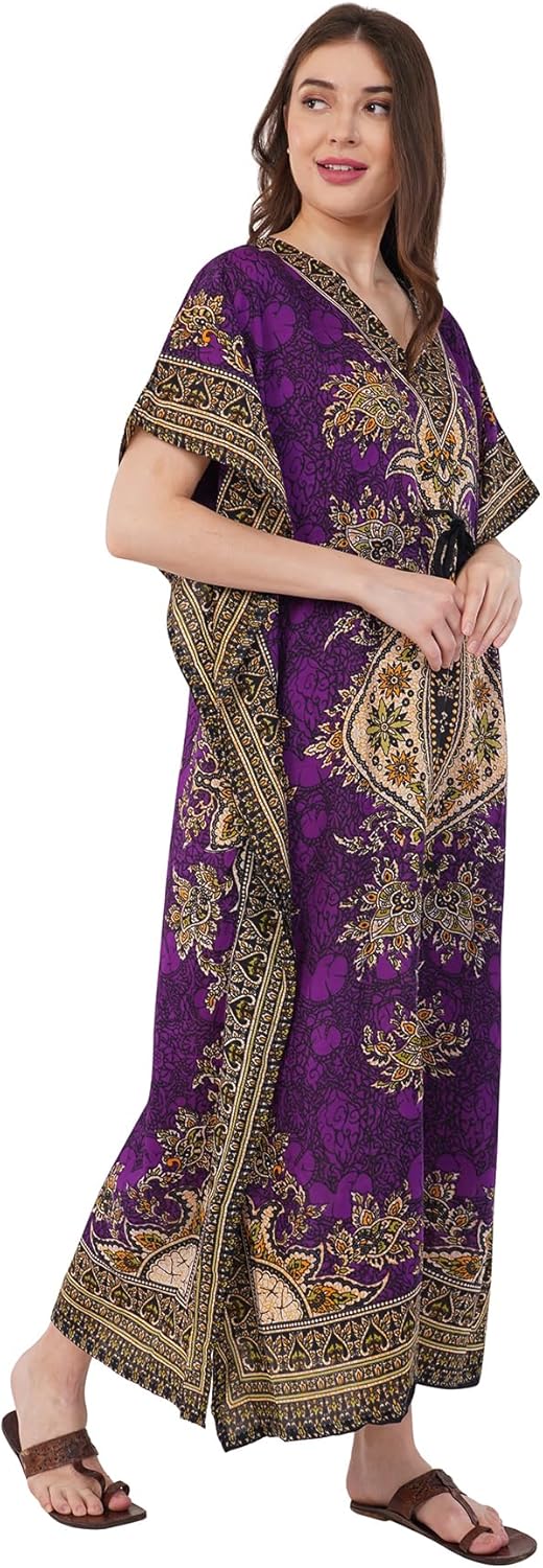 Divine threads -- Women's Kaftan Floral Print/Beach Cover Up/Plus Size V-Neck Loose Kimono Maxi Dress - Image 5