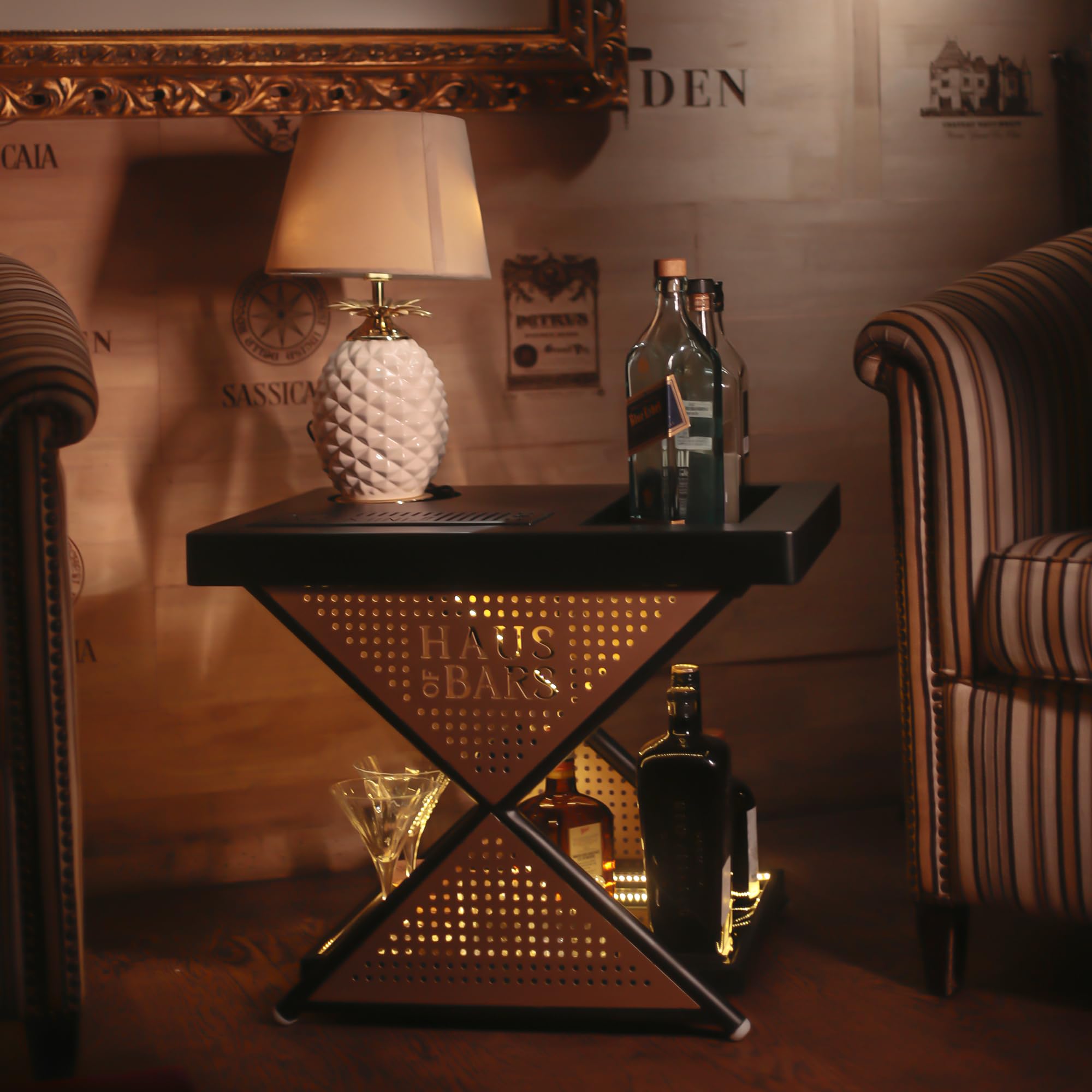 HAUS OF BARS by SpeedX - Model J Mini Home Bar Table & Cabinet with Compact and Foldable Design (Matt Black Finish with Gold Lattice)-image-30