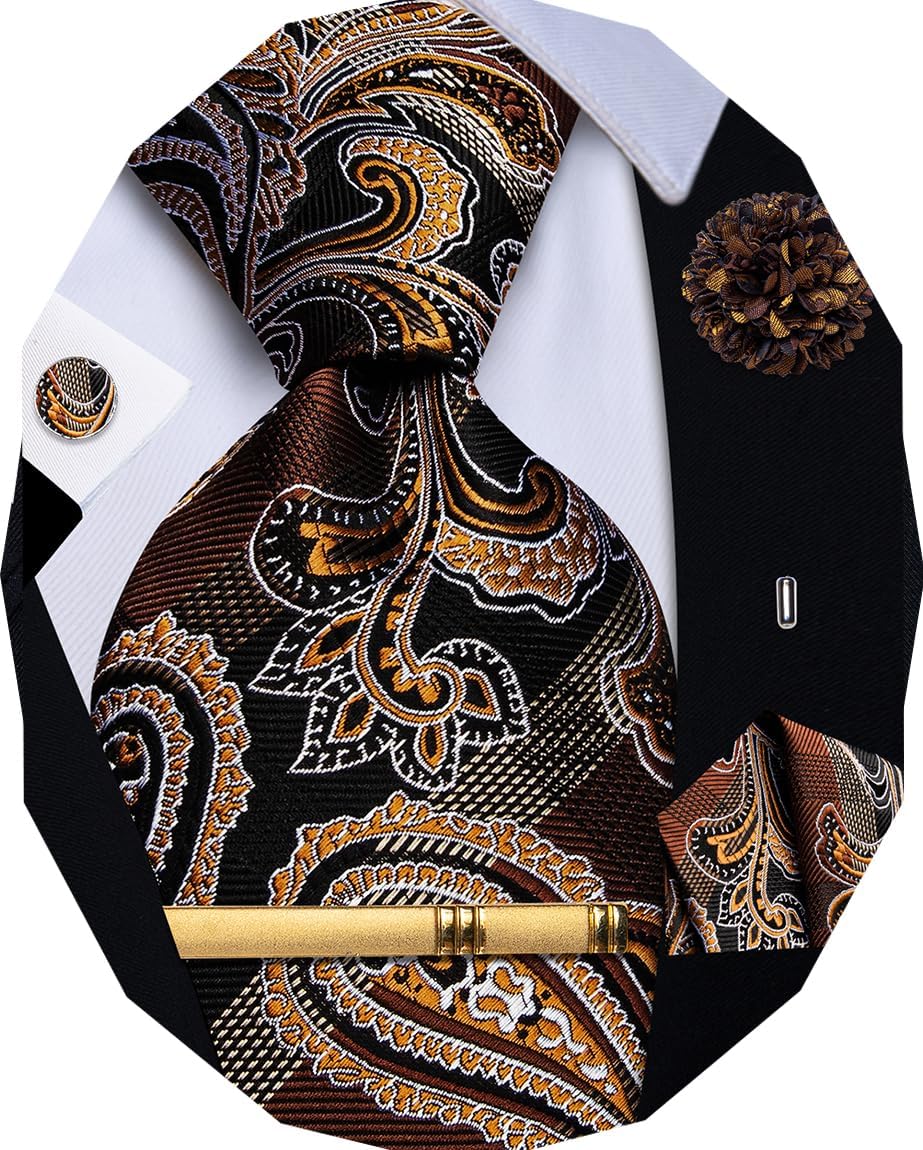YourTies Silk Paisley Floral Tie and Pocket Square Cufflinks with Lapel Pin Sets for Men 5PC Wedding Party