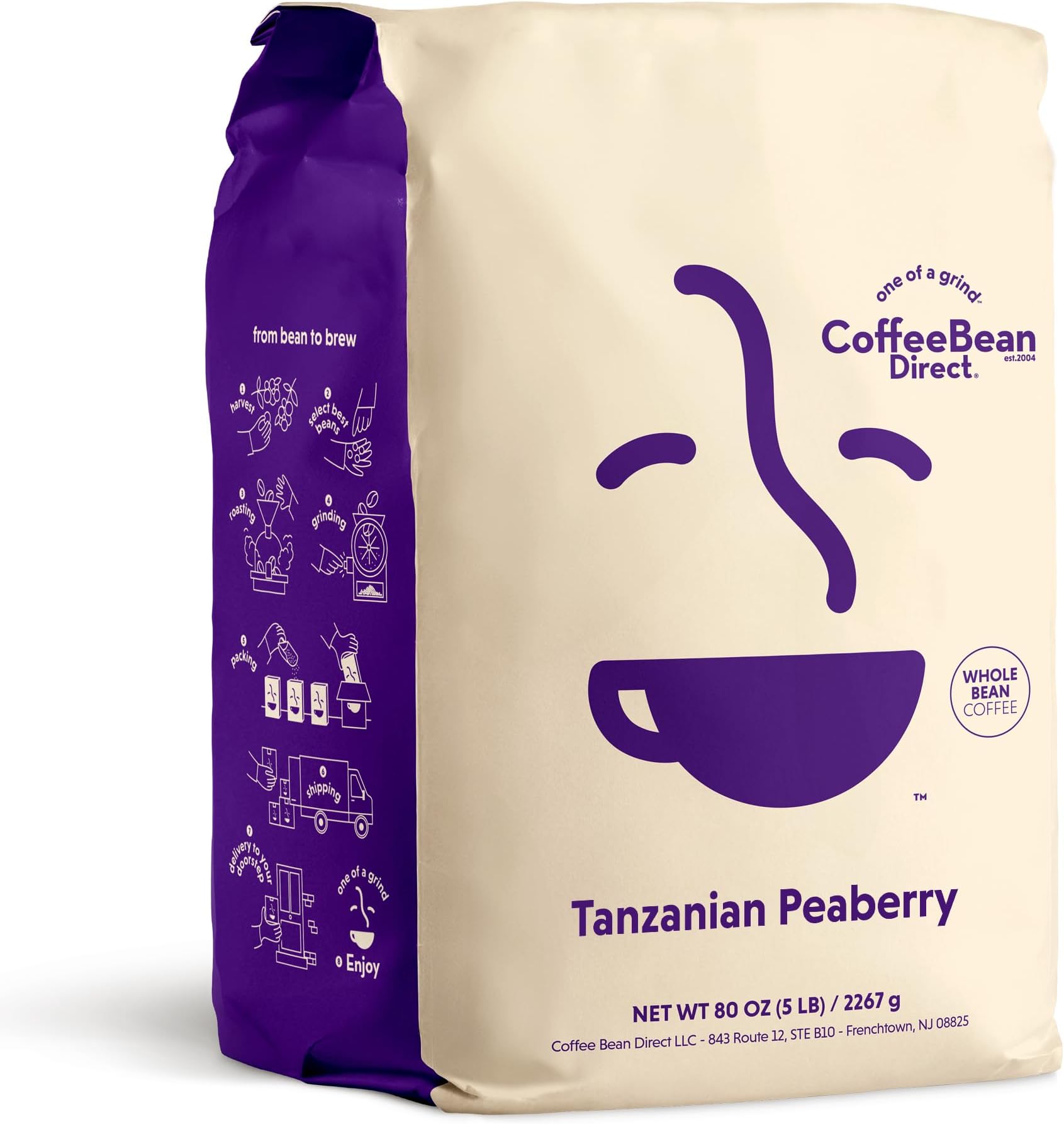 Tanzanian Peaberry, Whole Bean Coffee, Single Origin Arabica Coffee, Light Roast, 5 Pound Bag (Pack of 1)