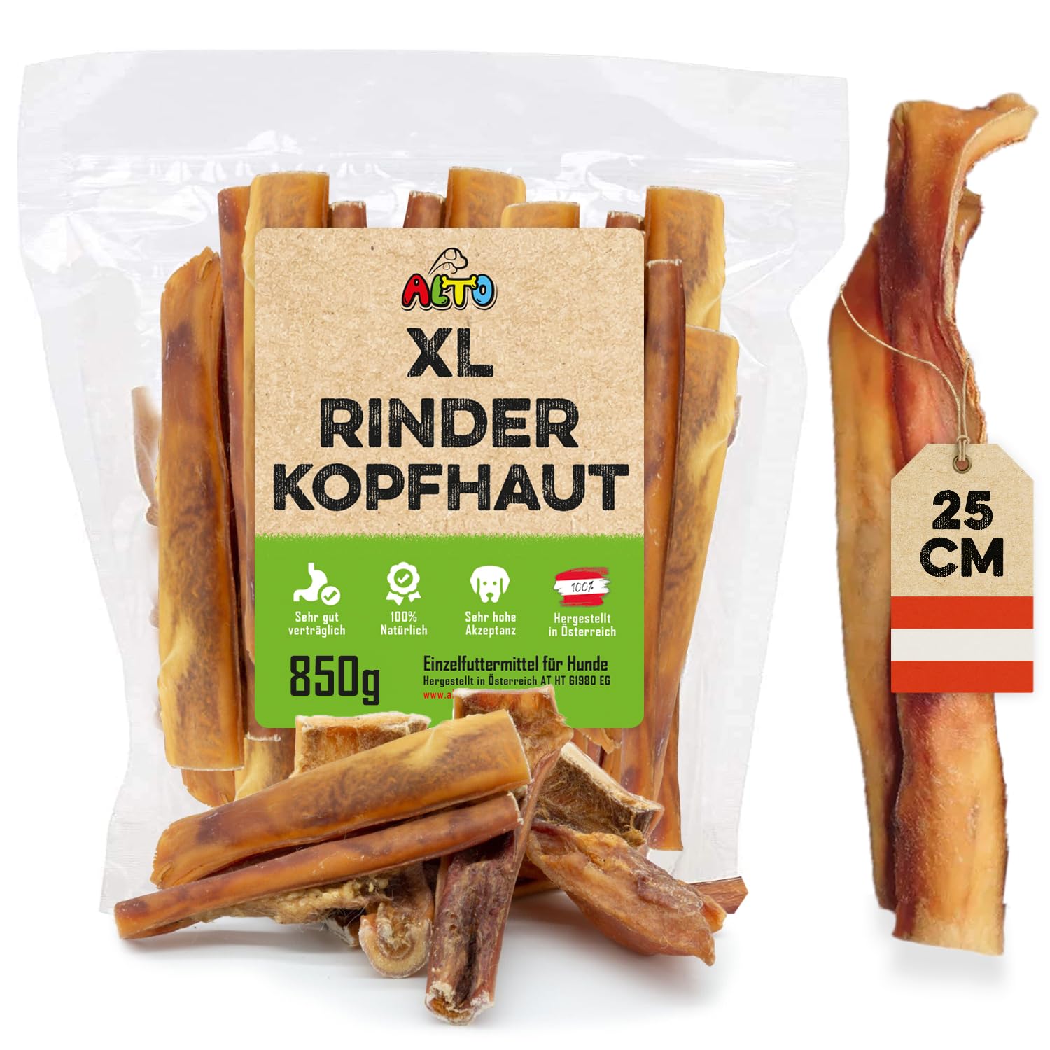 ALTO - Premium Rinderkopfhaut für große Hunde - 25cm Stücke - Hunde Kauartikel groß - Hundeleckerli für Zahnpflege Hund und Beschäftigung - 850g