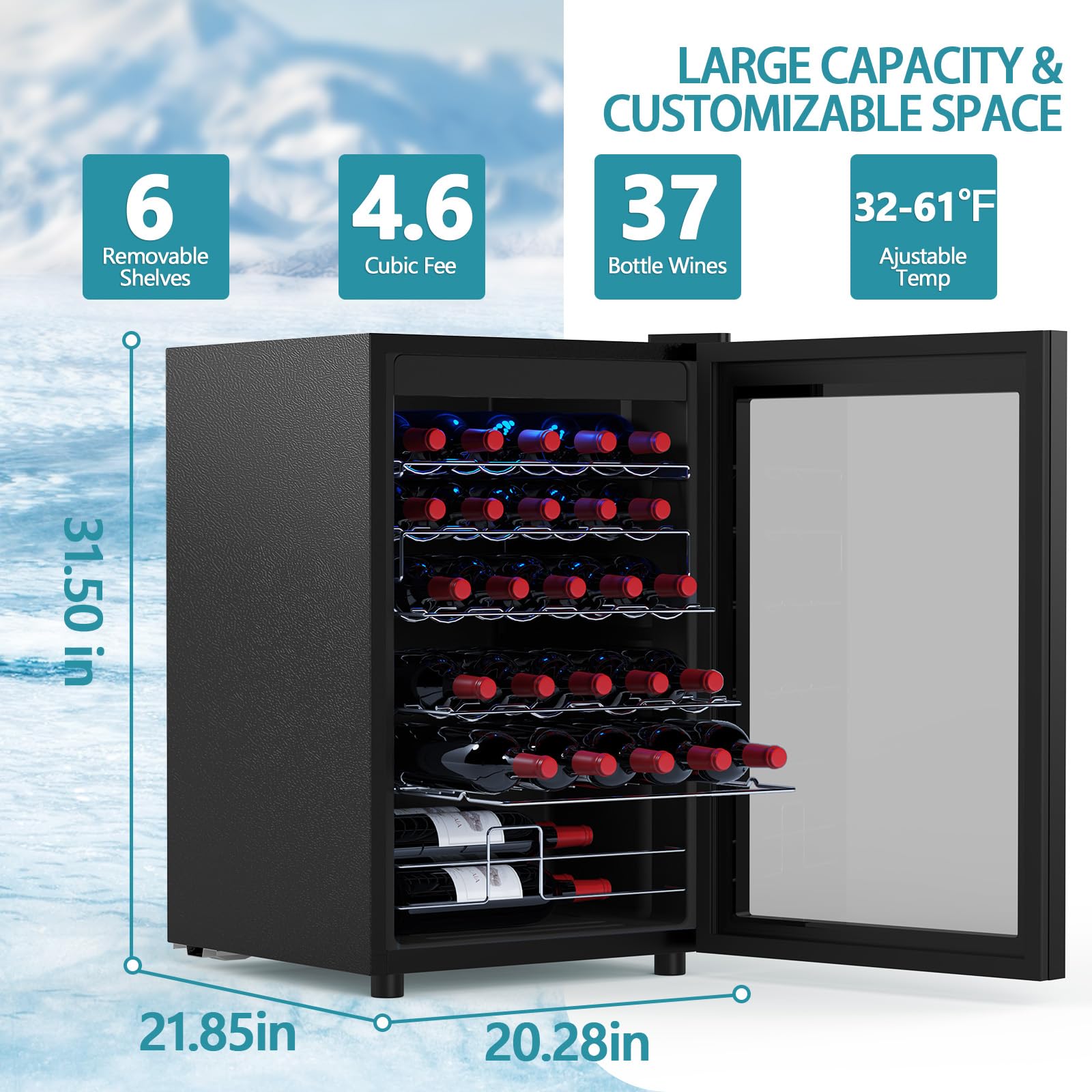 Cowsar 37 Bottle Wine Fridge, Freestanding Commercial Beverage Refrigerator With Smart Temp Control, 4.45 Cu.Ft Mini Fridge Wine Cooler With Child Lock& Wavy Wire Shelves For Kitchen Bar, Black on Fridge.com - View 2