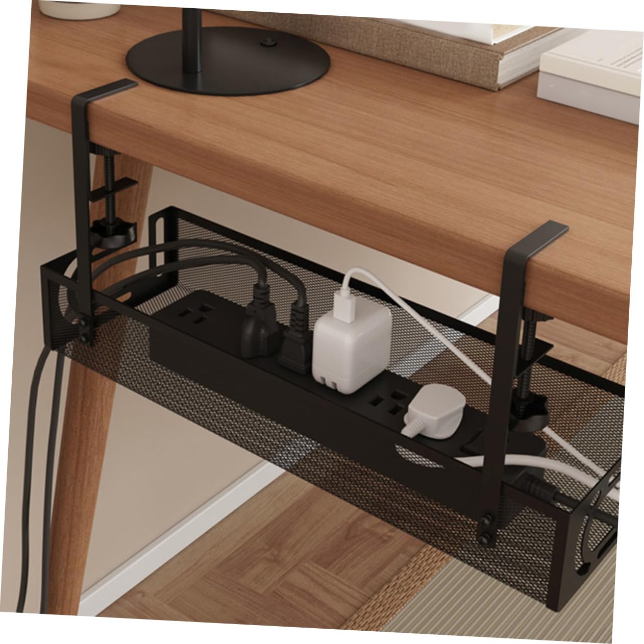 Organizador de Cables bajo Escritorio Resistente y Multiusos Bandeja de Almacenamiento para Cables Regleta y Cargadores Soporte Negro para Oficina y Hogar