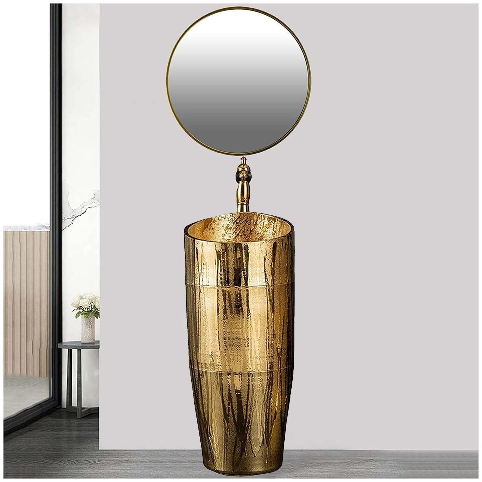 ZTGL Gold Ceramic Pedestal Sink Modern Freestanding Bathroom Sink