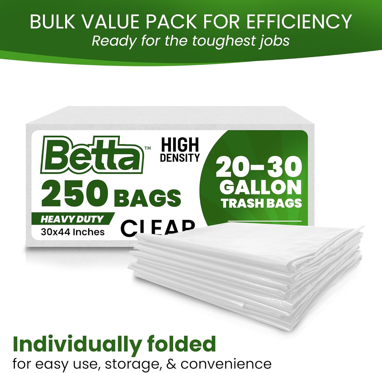Betta 20-30 Gallon Clear Trash Bags, 250 Count Box, (30x44-inch) Commercial Heavy-Duty Garbage and Recycling Can Liners 16-20 Gallon Round Cans, 15-23 Gallon Slim and Square Cans