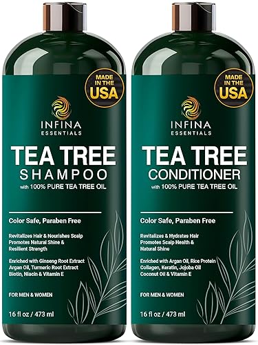 INFINA ESSENTIALS Juego de champú y acondicionador de aceite de árbol de té, enriquecido con biotina, ginseng y aceite de argán, limpieza profunda,