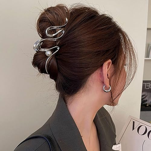 Miniatura 4 de Pinzas para el cabello irregulares plateadas, pinzas de metal para el cabello con diseño de perlas grandes, pinzas de mandíbula para cabello