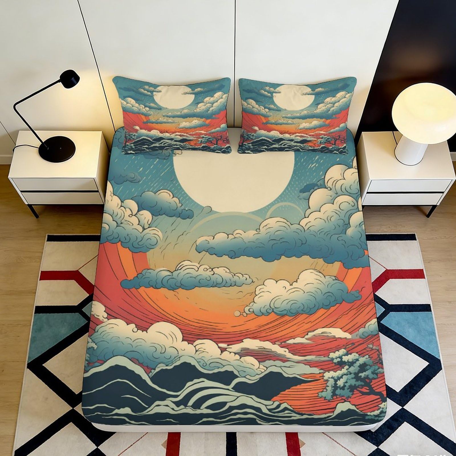 3D Printed Sunset Clouds Fitted Sheet Microfiber Soft Breathable Moonlight Bed Cover for Bedroom Dormitory Guest Room Mattress Protection Decor 160x200x25cm