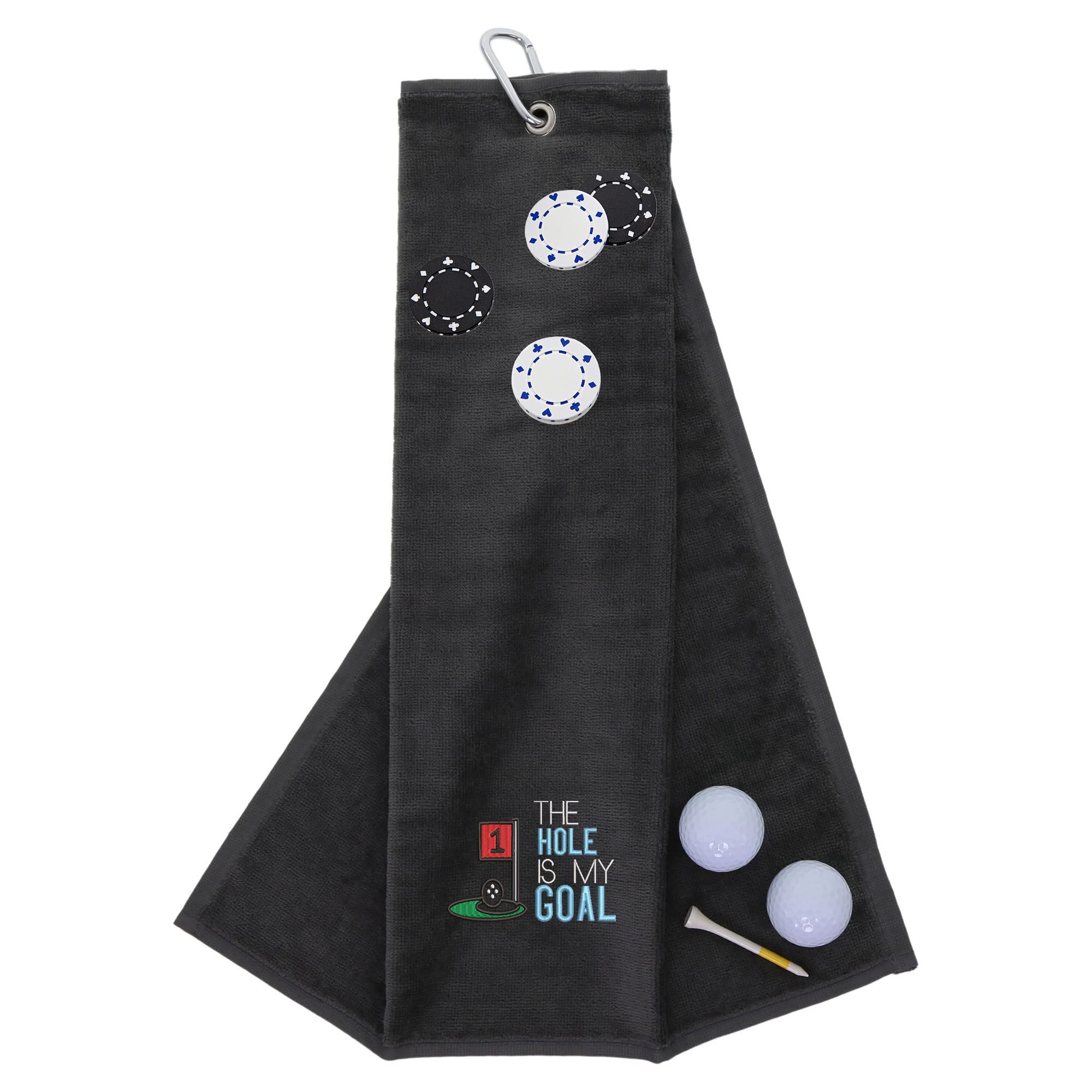 Funny Trifold Golf Towel and Poker Chip Marker Set Gift for Men, Carabiner Clip for Golf Bags, Hole is my Goal, Grey