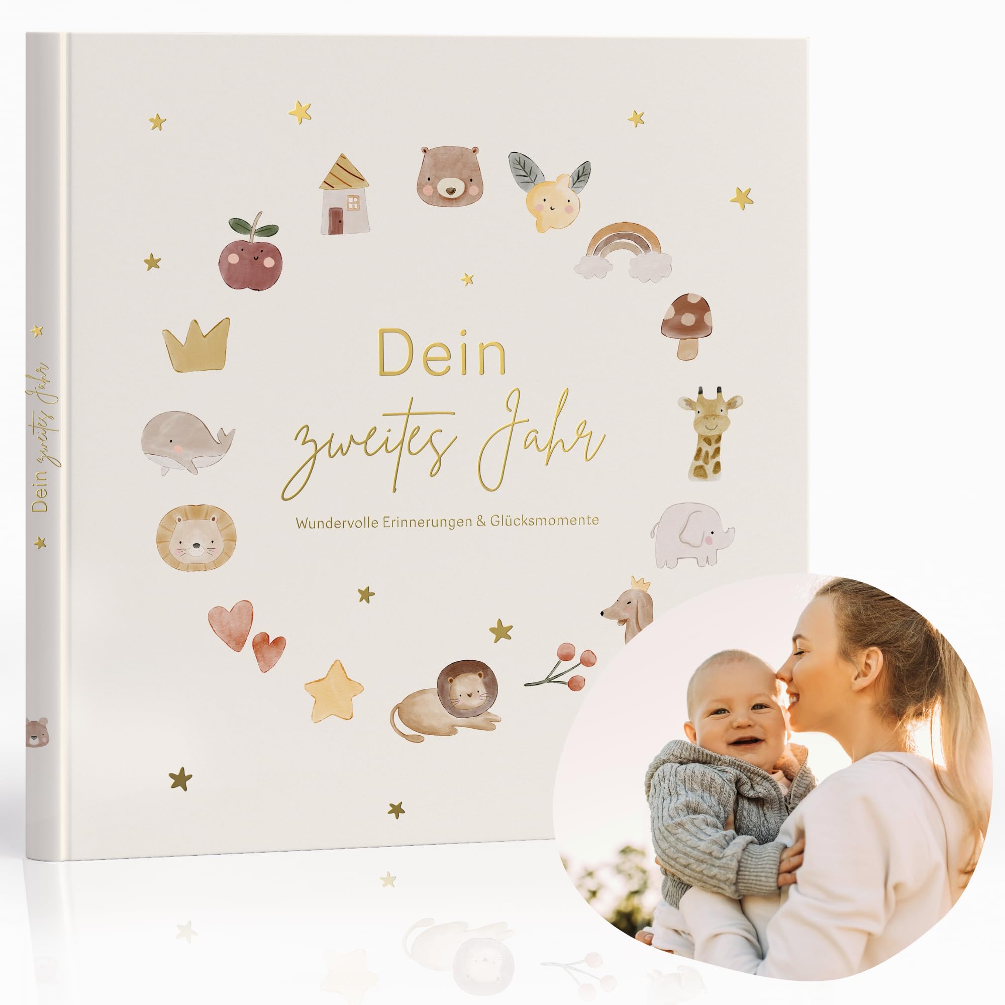 MeinBaby123® Babyalbum Dein 2tes Jahr hochwertig vergoldet | Geschenk erster Geburtstag | Geschenkt 1. Geburtstag | Meilensteine im zweiten Lebensjahr (beige)