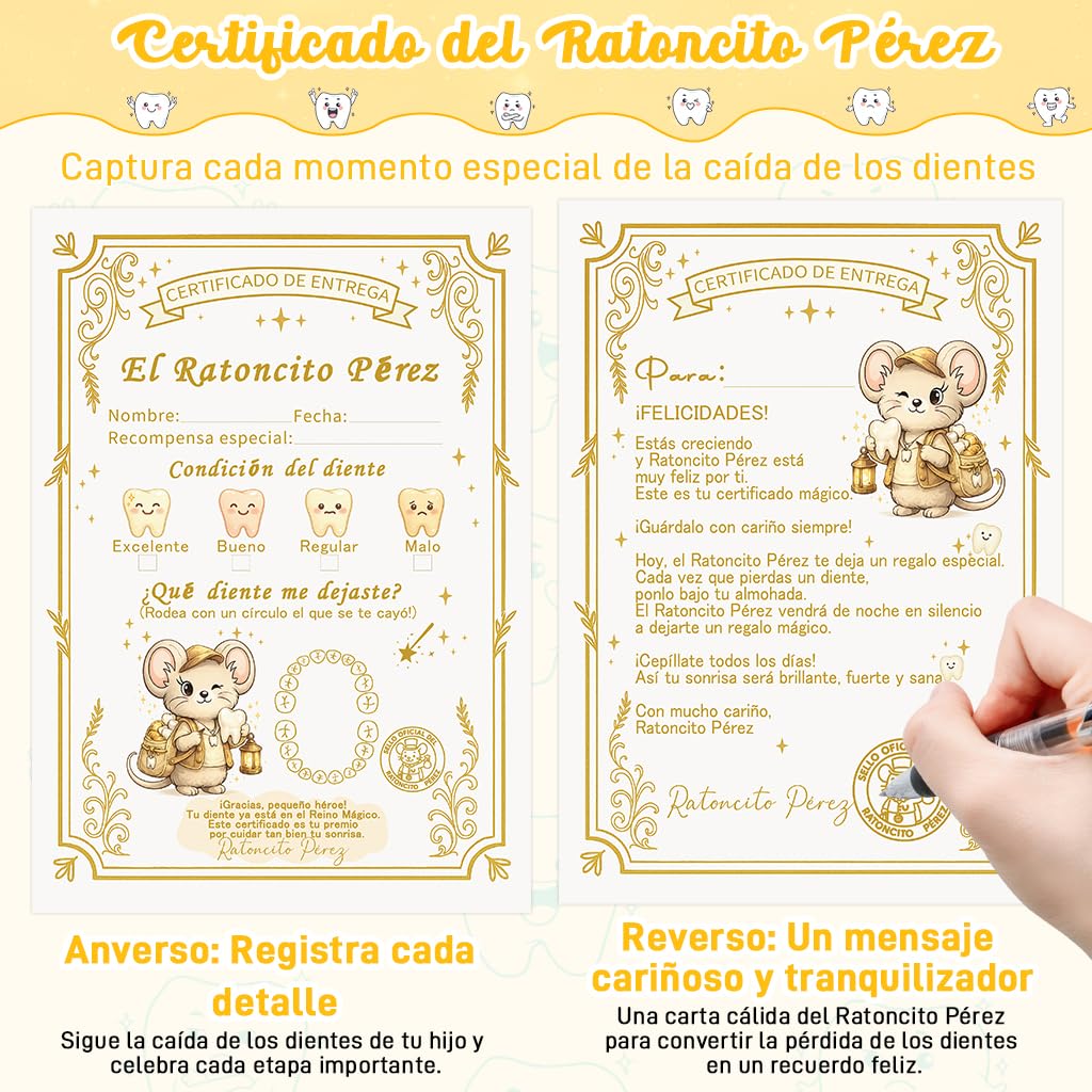 WALLFID set de 12 piezas,caja dientes de leche niño,cartas del Ratoncito Pérez,bolsita del Ratoncito Pérez,10 tarjetas del diente limpio,regalo original para niño y niña (Espagnol)
