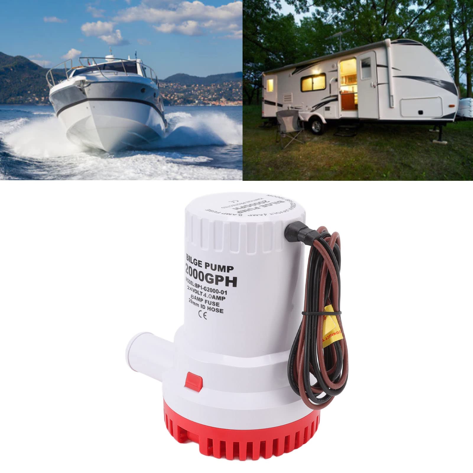 Pompe da Bilge per Barche, Pompa per Bilge Marina Automatica da 2000 GPH per la Pompa per Bulge per la Barca Marina Sommergibile per Stagno, Piscine, Spa (24 V.)