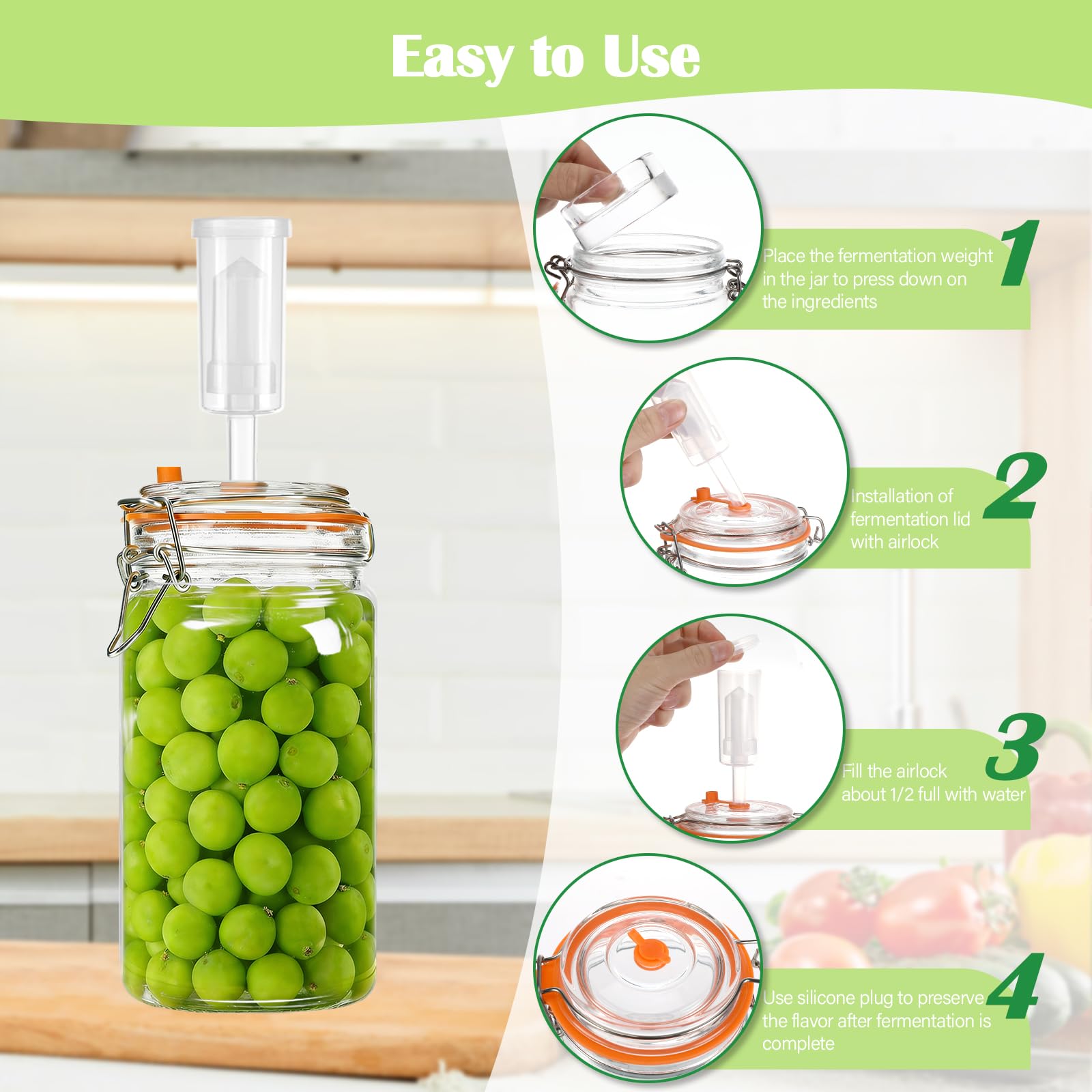 2 Piezas Tarros de Fermentación con Cierre de Aire,1000ml Fermentadora con Pesos, Tarros de Cristal con Tapa Hermética, Vasos de Cristal Transparente, para Kimchi, Kombucha y Encurtidos — view 6