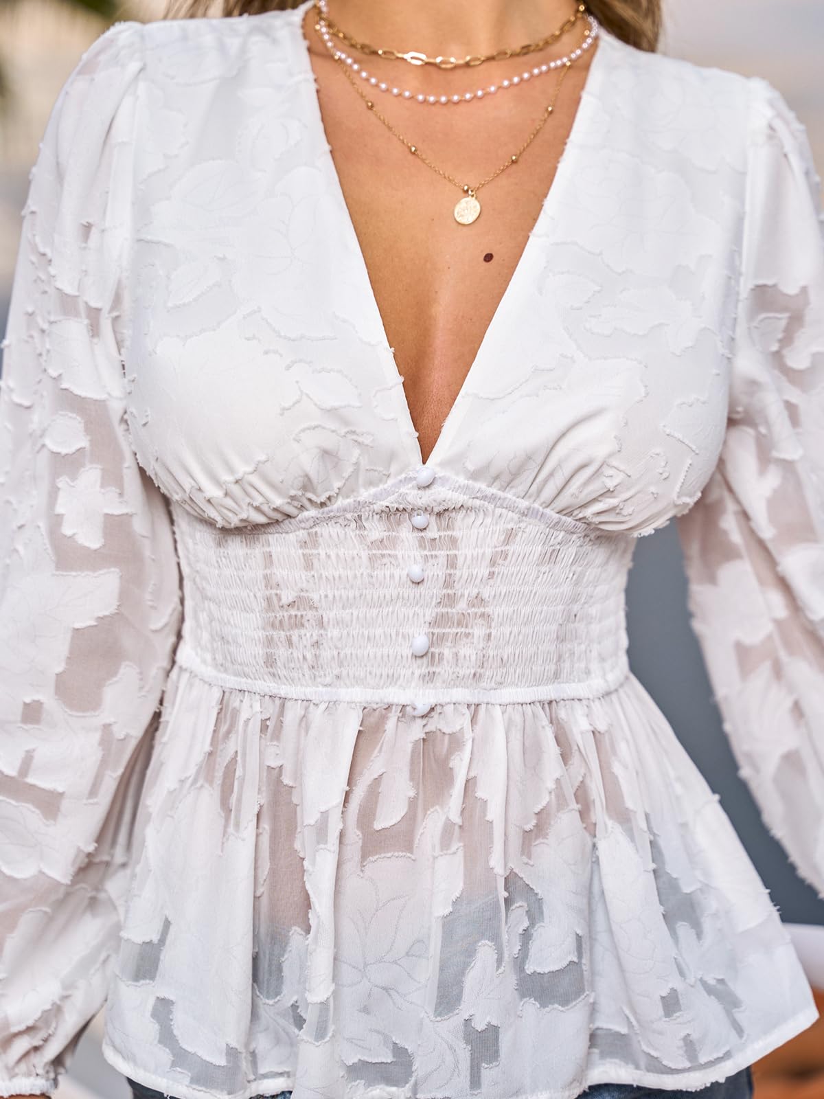CUPSHE Damen Bluse Elegant Langarm V-Ausschnitt Strukturstoff Tunika Oberteil Mit Elastischer Taille Freizeit Büro Party Tops