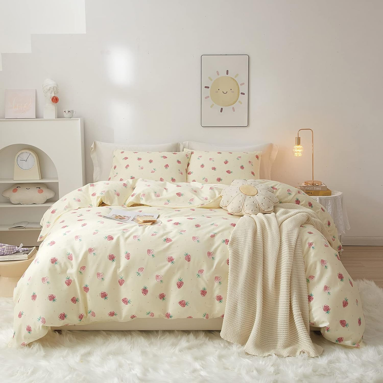 Lanqinglv Beddengoed 200x200 aardbeien meisjes kinderen beddengoed van microvezel, crème roze Öko-Tex beddengoedset - dekbedovertrek met ritssluiting en 2 kussenslopen 80x80 cm