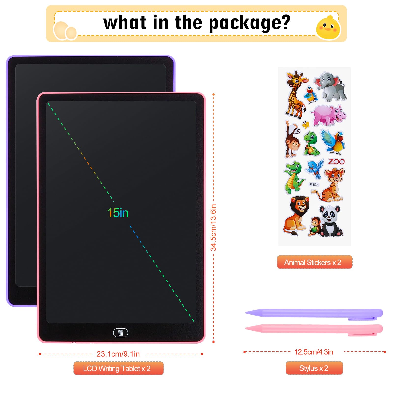 2 Pack Tablette D'écriture LCD 16 Pouces,LCD Tablette Dessin avec Ecran Coloré,Bloc D'écriture Effaçable avec des Autocollants D'animaux,pour Garçons et Filles de 3 4 5 6,Rose + Violet