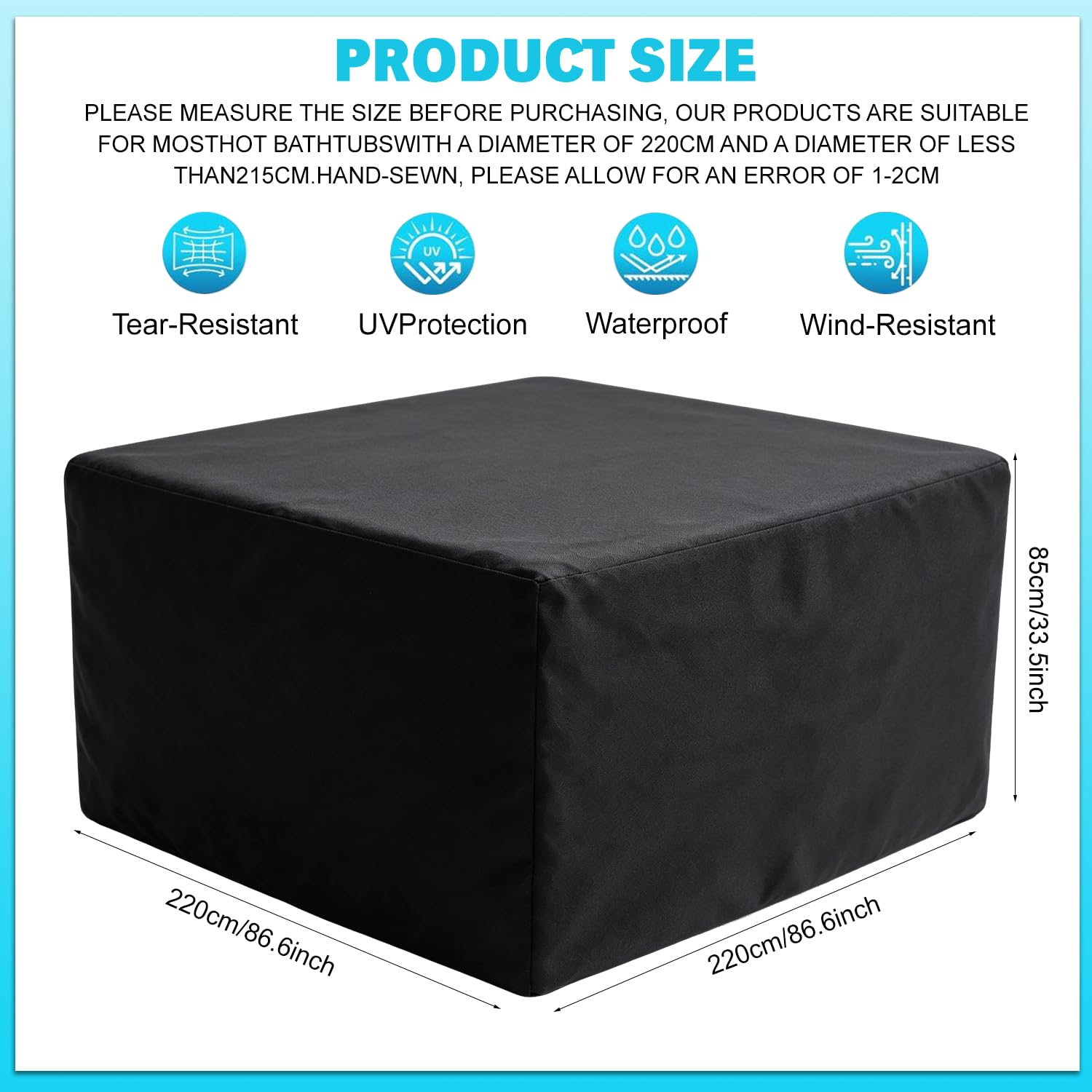 Cubierta para jacuzzi, 220 x 220 x 70 cm, cobertura completa 420D, resistente a los rayos UV, impermeable, portátil, para jacuzzis al aire libre, reemplazo ideal para 6 personas (negro 220 x 85 cm)