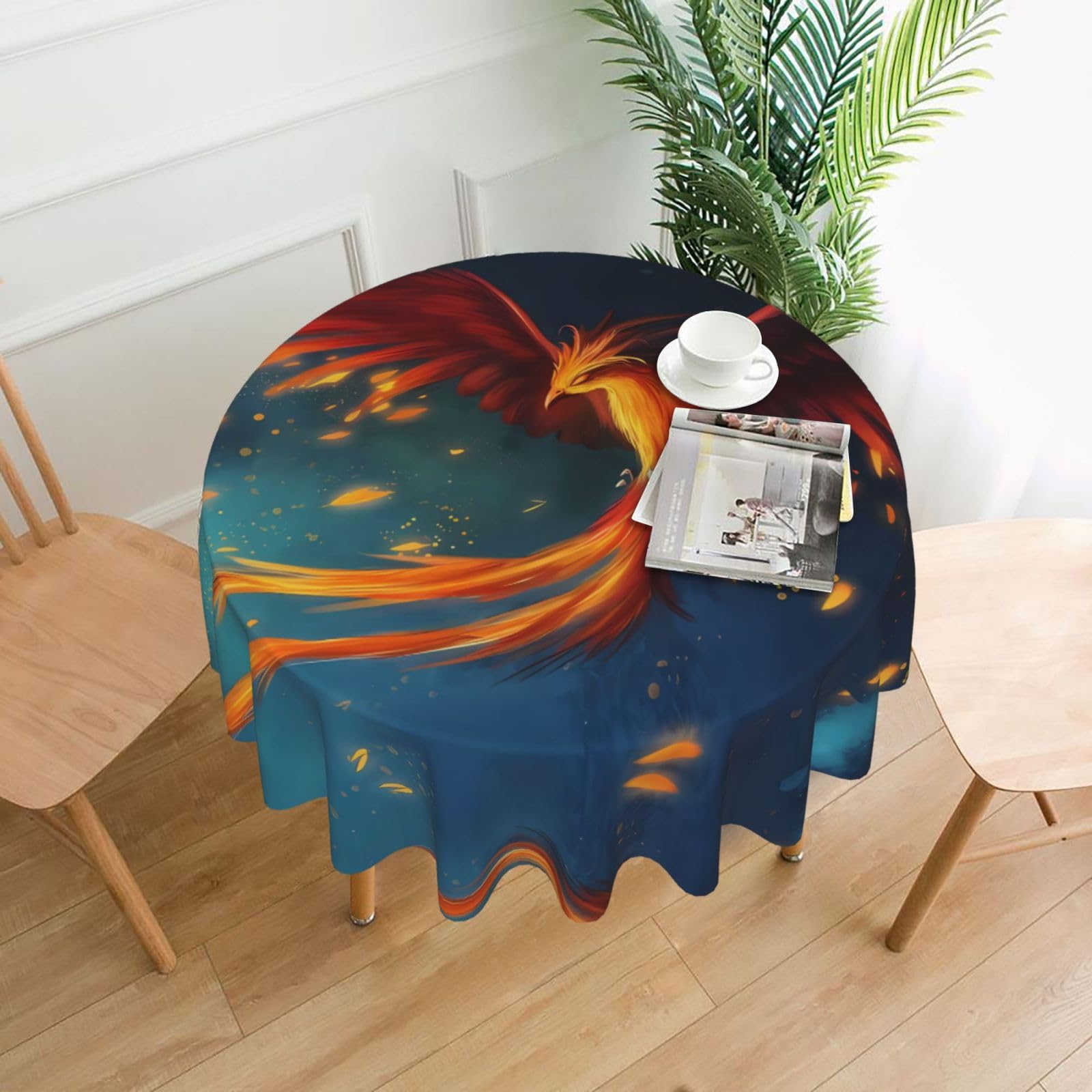 Hjfczh Black Orange Red Phoenix Prints Round Table Throw 60 Inch - Waterproof Table Cover - Soft & Wrinkle Resistant Decor Layer For Dinners, Parties & Everyday Use