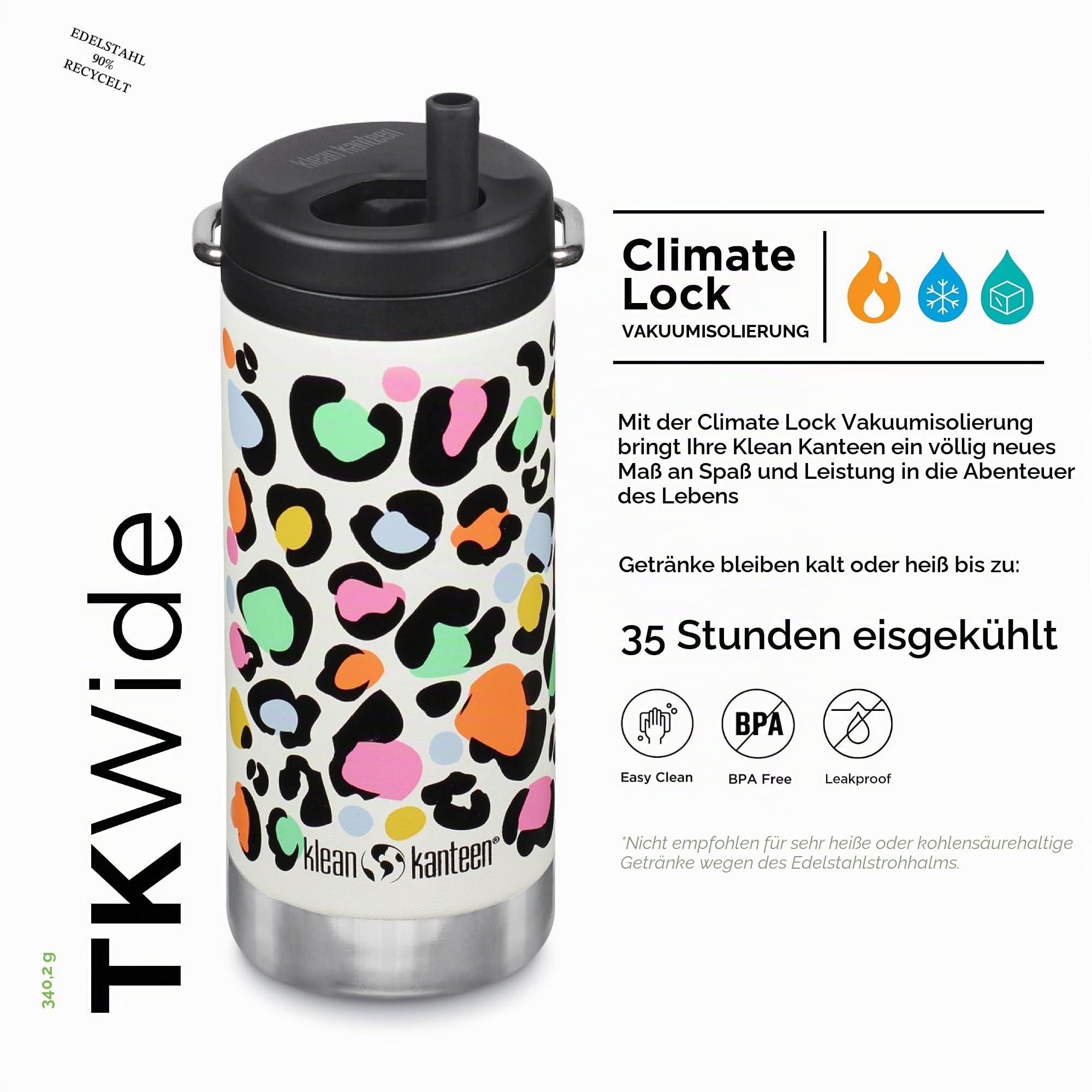 Klean Kanteen TKWide Uni 300 ml (mit Twist-Deckel), Leopardenmuster, Weiß