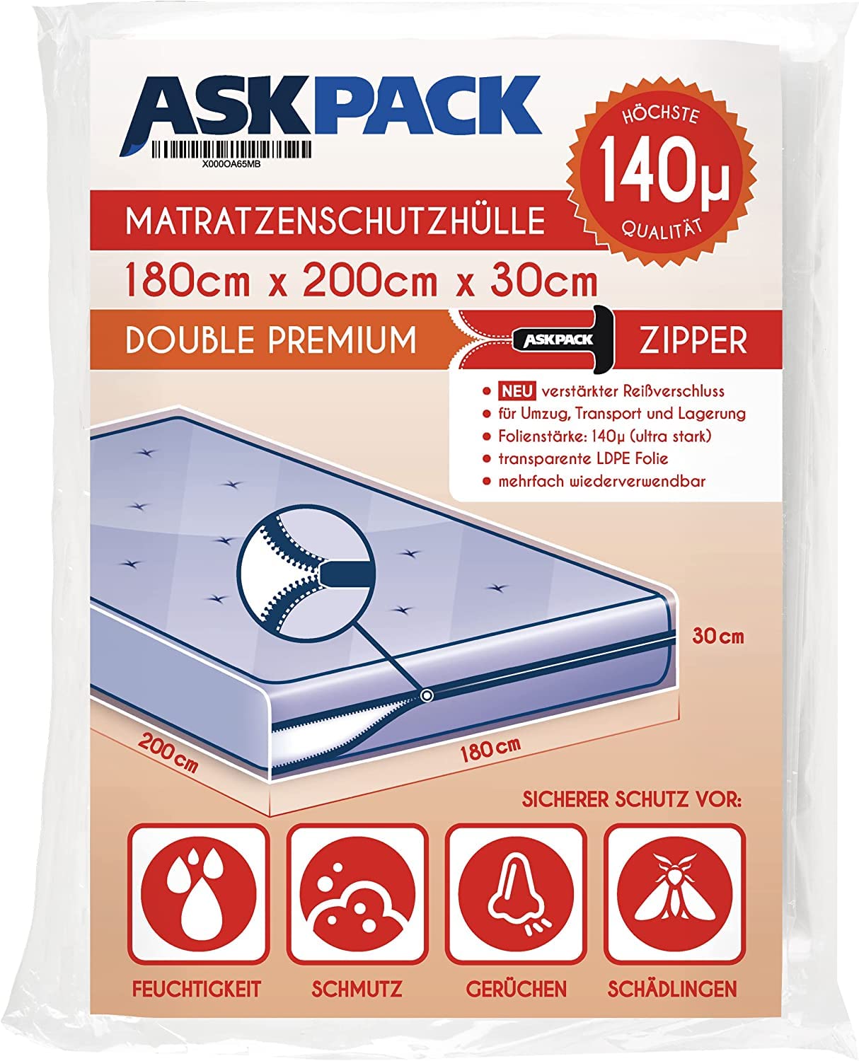 Mattress Bags for Moving and Storage with Zipper - 5.5 Mil Heavy Duty Material - Size XS-XXL, Waterproof Mattress Cover, Tearproof - Reusable Mattress Protector Transport Bags - 180x200 cm