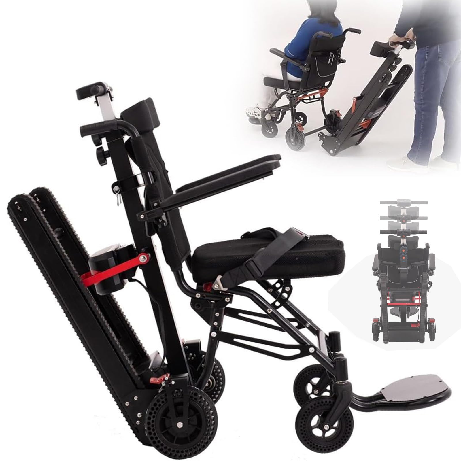 Silla de Ruedas eléctrica con Elevador de escaleras, Carro de Mano, Elevador de escaleras, Estructura de Acero al Carbono de 17 kg, batería de Litio de 13 A, Capacidad de Carga de 150 kg.
