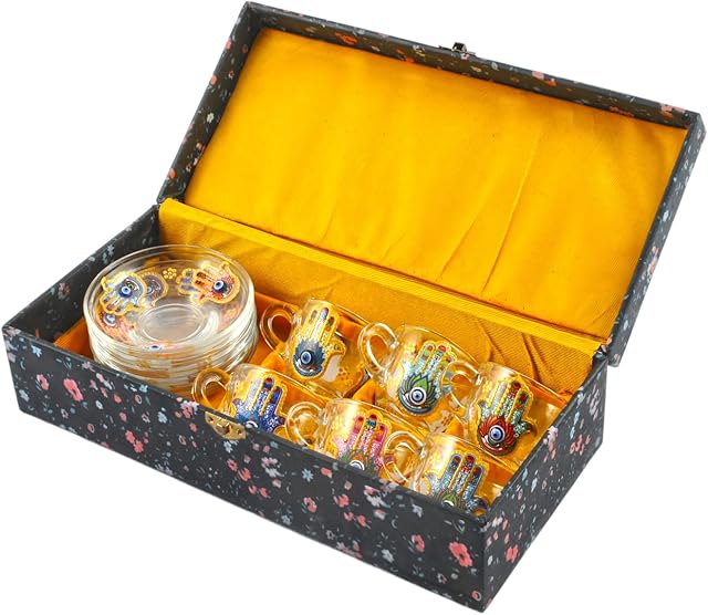 6 Coffee Set with Saucer, Arabic, Turkish, Greek Hand Decorated Porcelain, Blue Evil Eye Protection, Hamsa Fatima Hand Charm, Lucky Ornament, Best Gift (12 Pieces - Faitma's Hand Charm Glass)