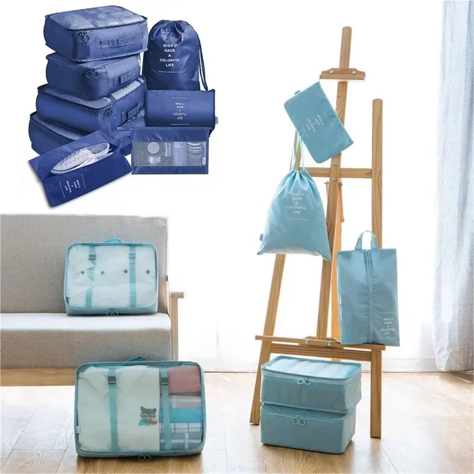 Set da 7 pezzi for organizzare borse viaggio, vestiti, bagagli, coperte, scarpe, valigie e cubi imballaggio per Vestiti, Scarpe, Cosmetici(Grey)