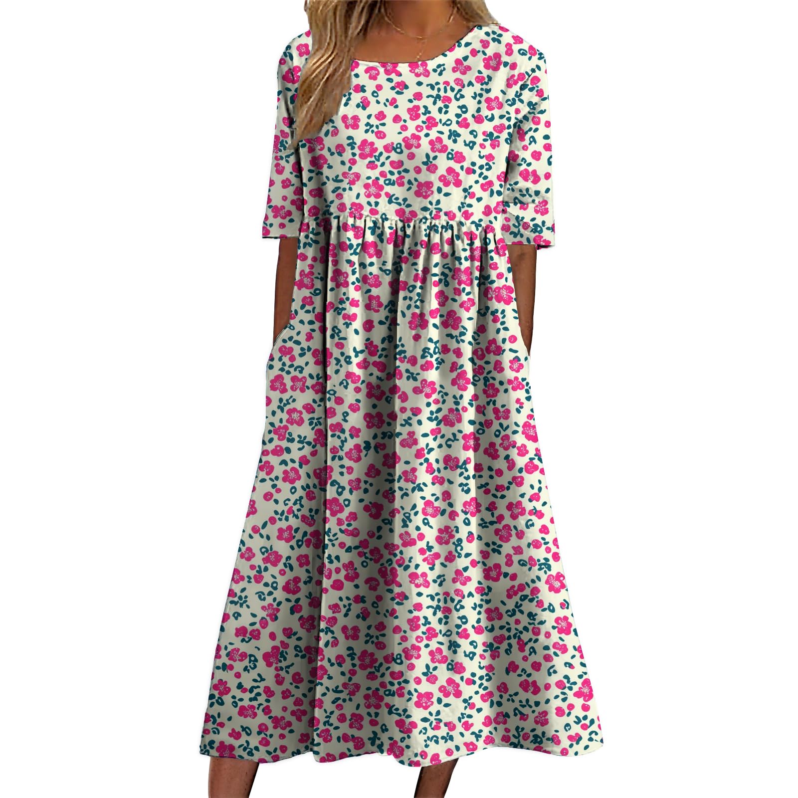 Floral Long Dress for Maternity Women Comfy Floral Printed Ankle Length Short Sleeve Summer Dresses with Pockets