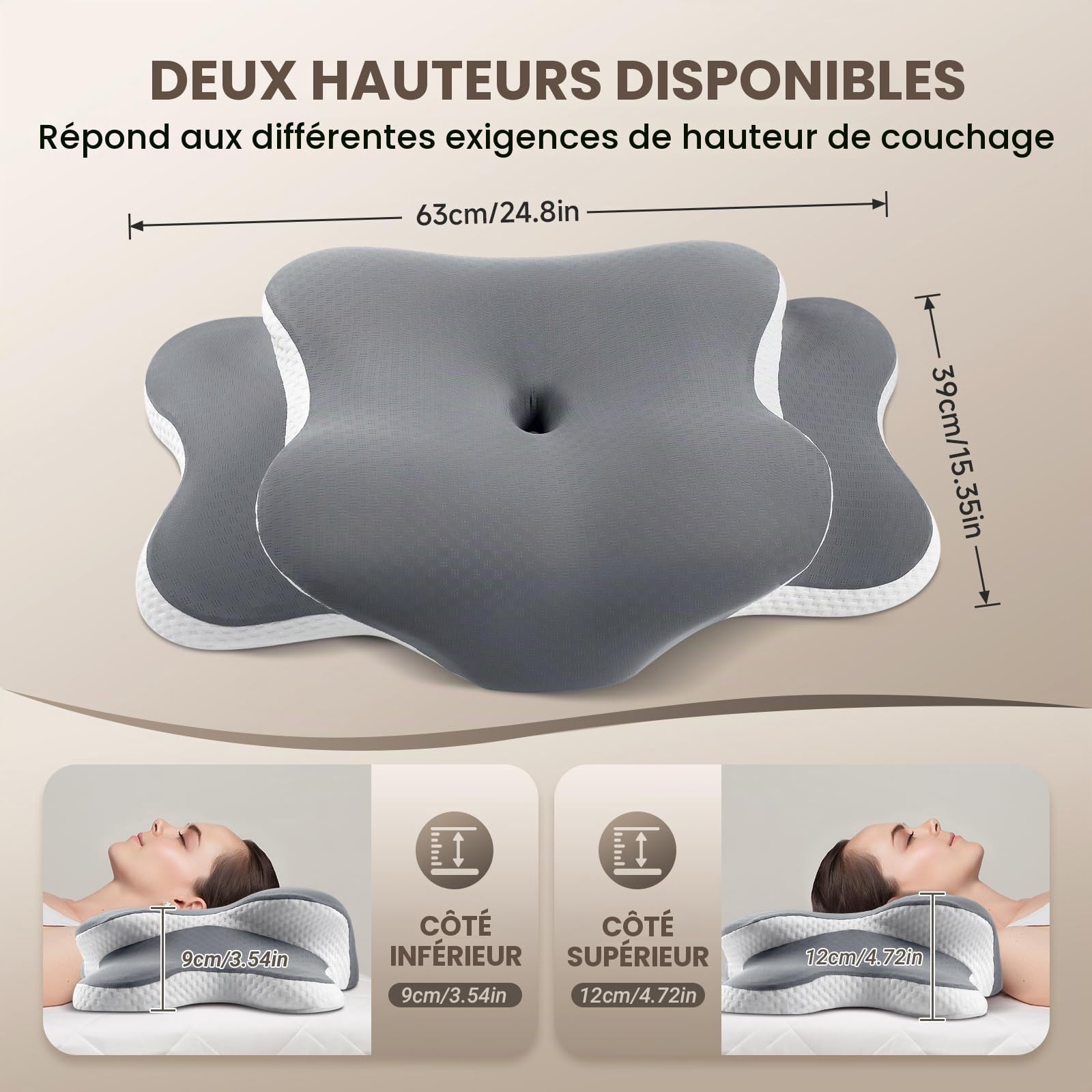 A-Pce Oreiller Ergonomique en Mousse à Mémoire de Forme, Gris Clair