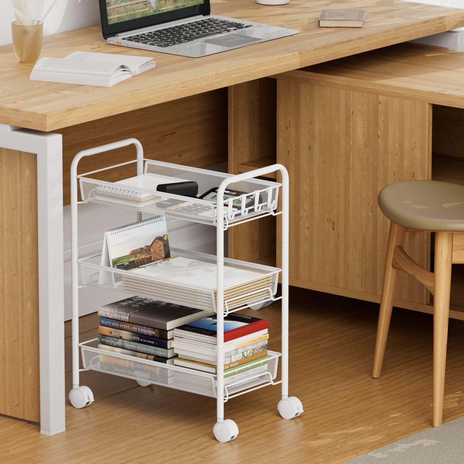 Carro de almacenamiento de cocina, carrito de metal con ruedas, carrito de cocina utilitario para cocina, lavandería, baño, fácil de montar (blanco)