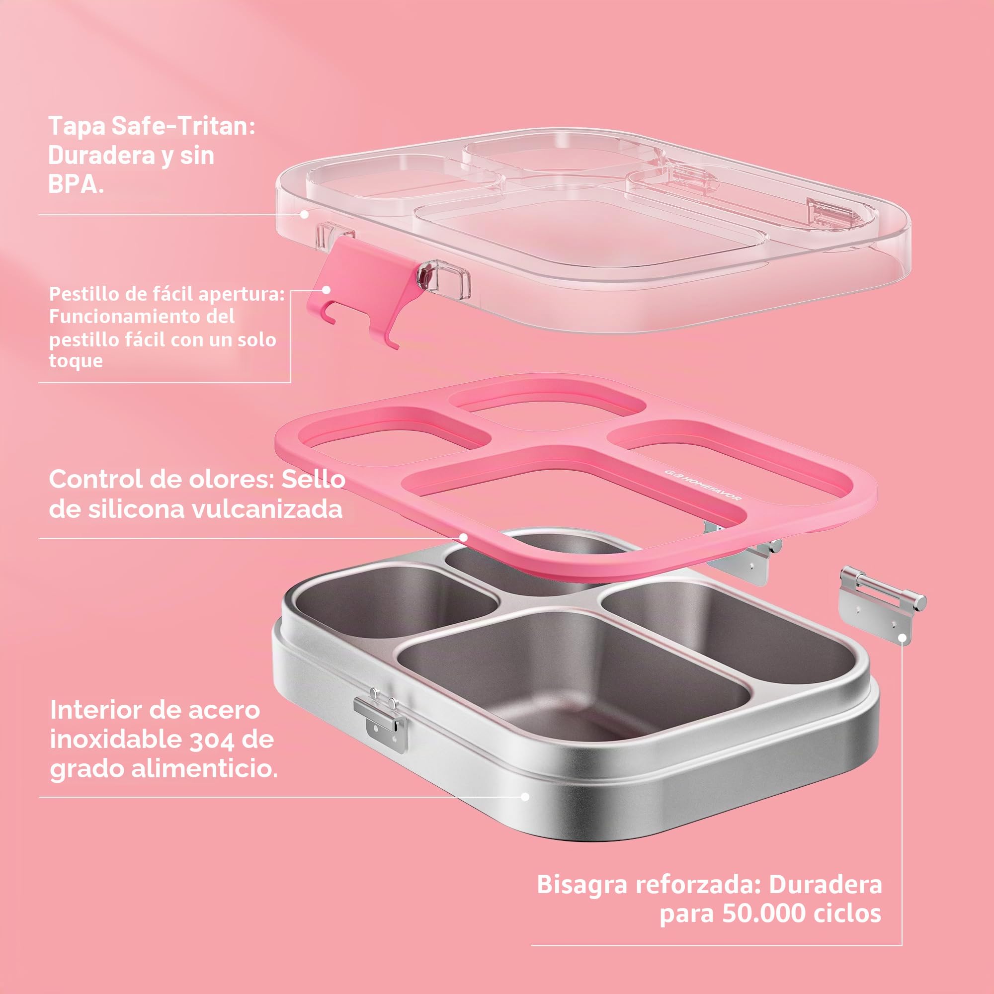 G.a HOMEFAVOR 800 ml Fiambrera Bento de Acero Inoxidable 304 para Niños, Caja de Bento Hermética con 4 Compartimentos, Bandeja para Sándwiches y Ensalada, Apto para Lavavajillas, Rosa