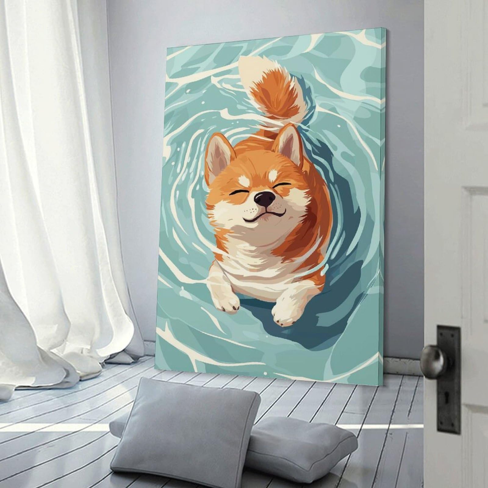 Junmoney Frame-Style-11 Shiba Inu Dog Swimming In Water Canvas Art Print 20X30inch(50X75cm), For Front Hall, Corridor Or Welcome Spaces, Home Artwork For First Impressions