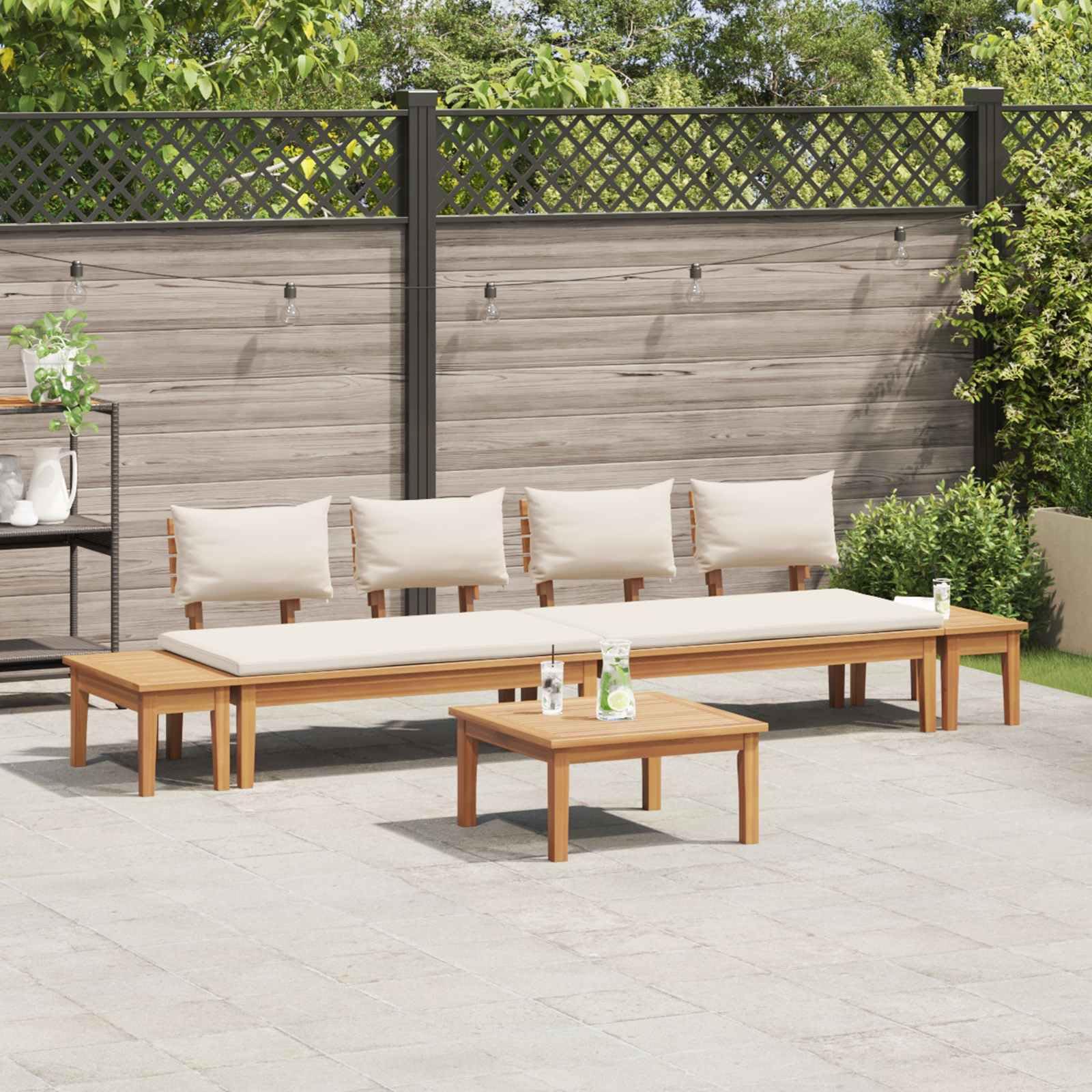 Set di divani da giardino in legno di teak, 5 pezzi, marrone e crema, con meccanismi regolabili, set di mobili da giardino moderni in legno di teak massiccio e morbidi cuscini in poliestere