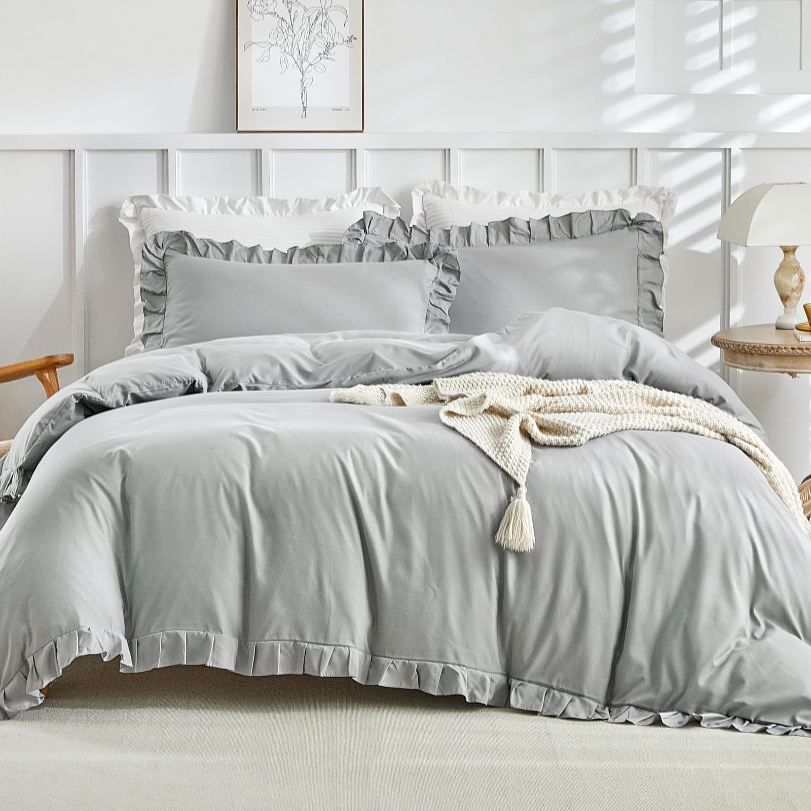 Tokokimo Set Copripiumino Matrimoniale 240x220cm, Copripiumino Matrimoniale 3 Pezzi in Microfibra Con Volant, Comprendente 1 Copripiumino 240x220 + 2 Federe 50x80, Grigio