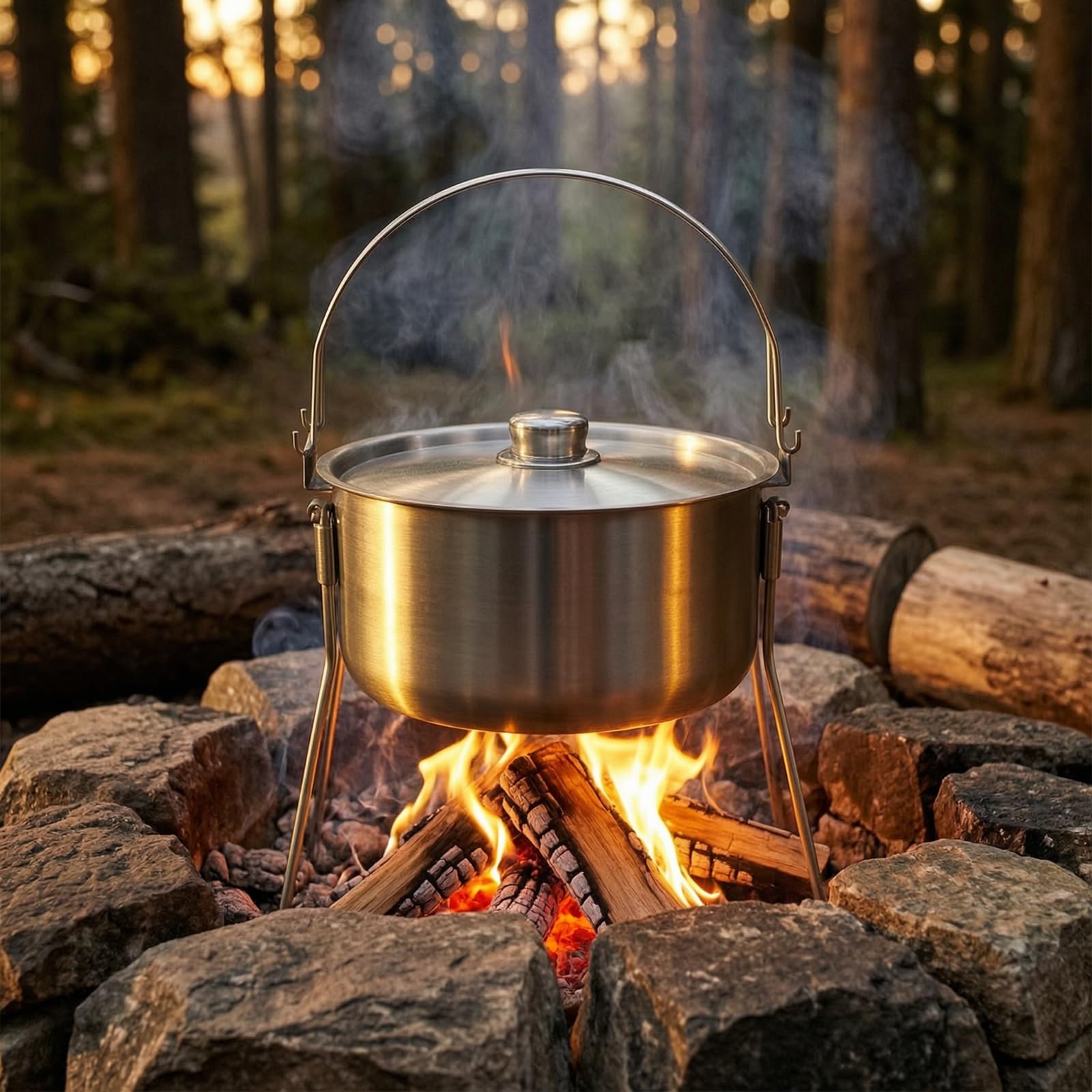 Baoblaze Casserole de Plein Air Pot Marmite Gamelle en Acier Inoxydable 304 avec Couvercle Arquée Conçue pour la sur Trépied pour Cuisson au