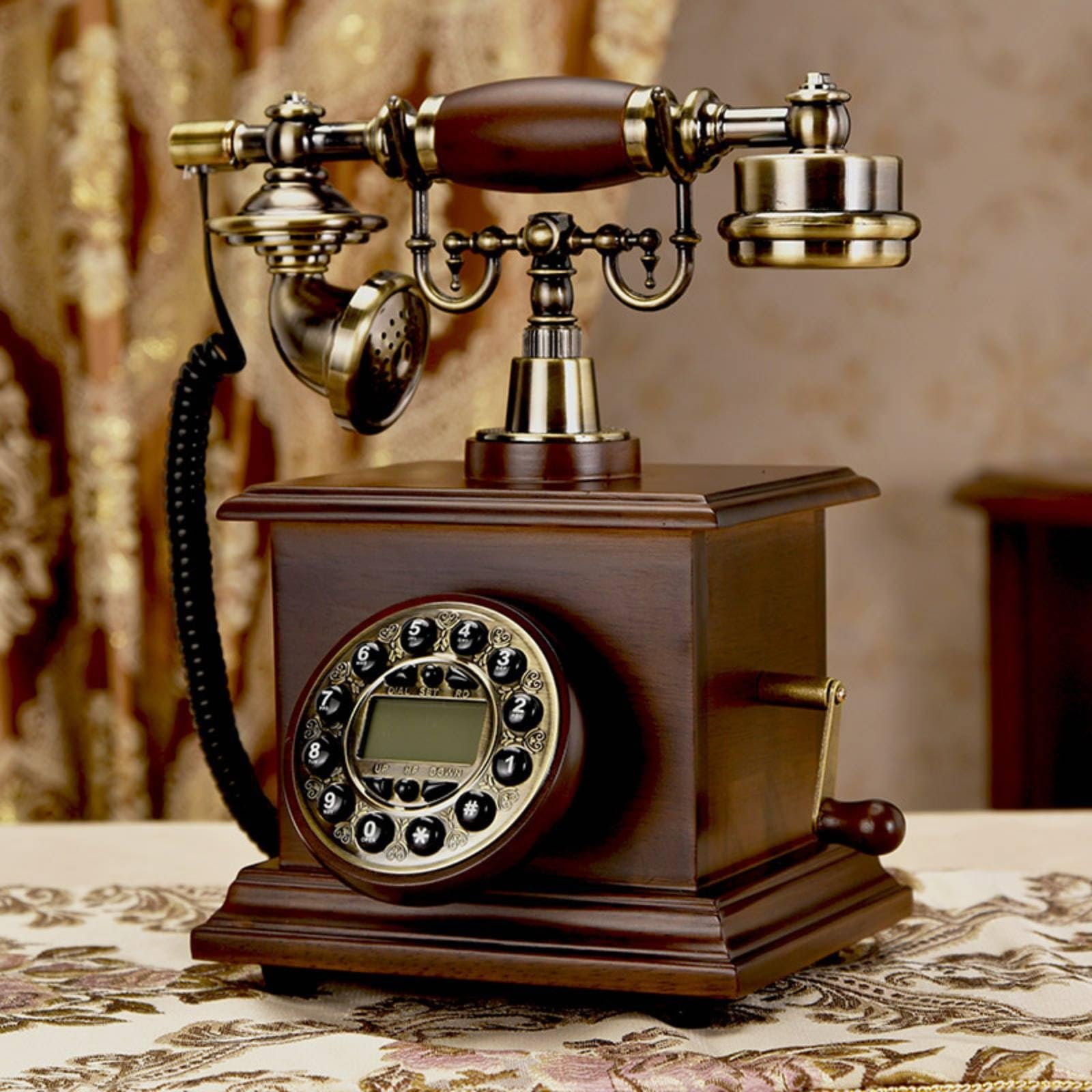 Teléfono Retro de Escritorio con Panel Dial Vintage Soporte Auricular y Cable en Espiral sin Batería de Números Adecuado para Hogar Recepción, Marrón