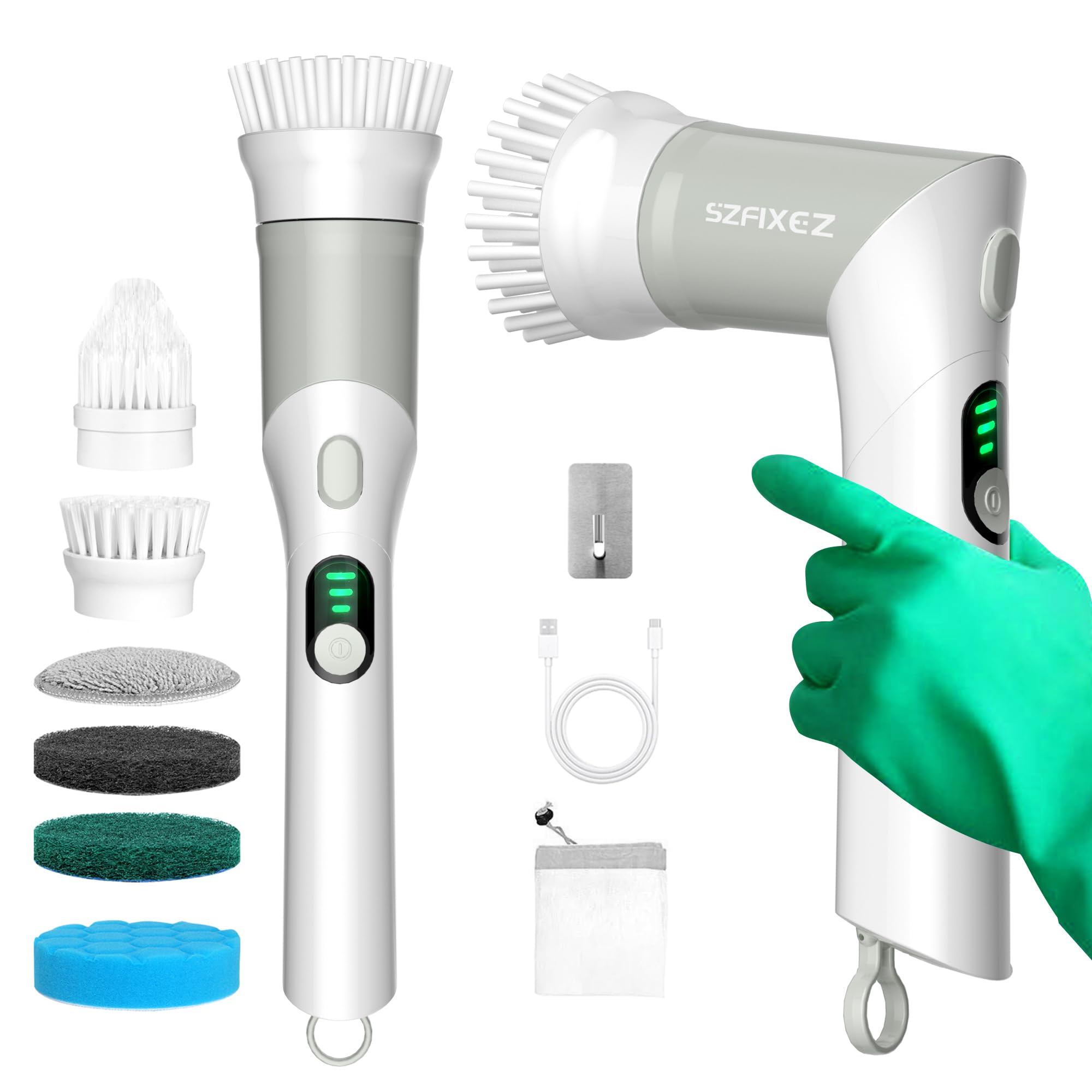 SZFIXEZ Electric Spin Scrubber, Shower Cleaner Brush, Handheld Power Brush with 2 Adjustable Angle, 6 Replacement Head for Cleaning Bathroom, tub, Tile, Sink, Window, Car (Grey)