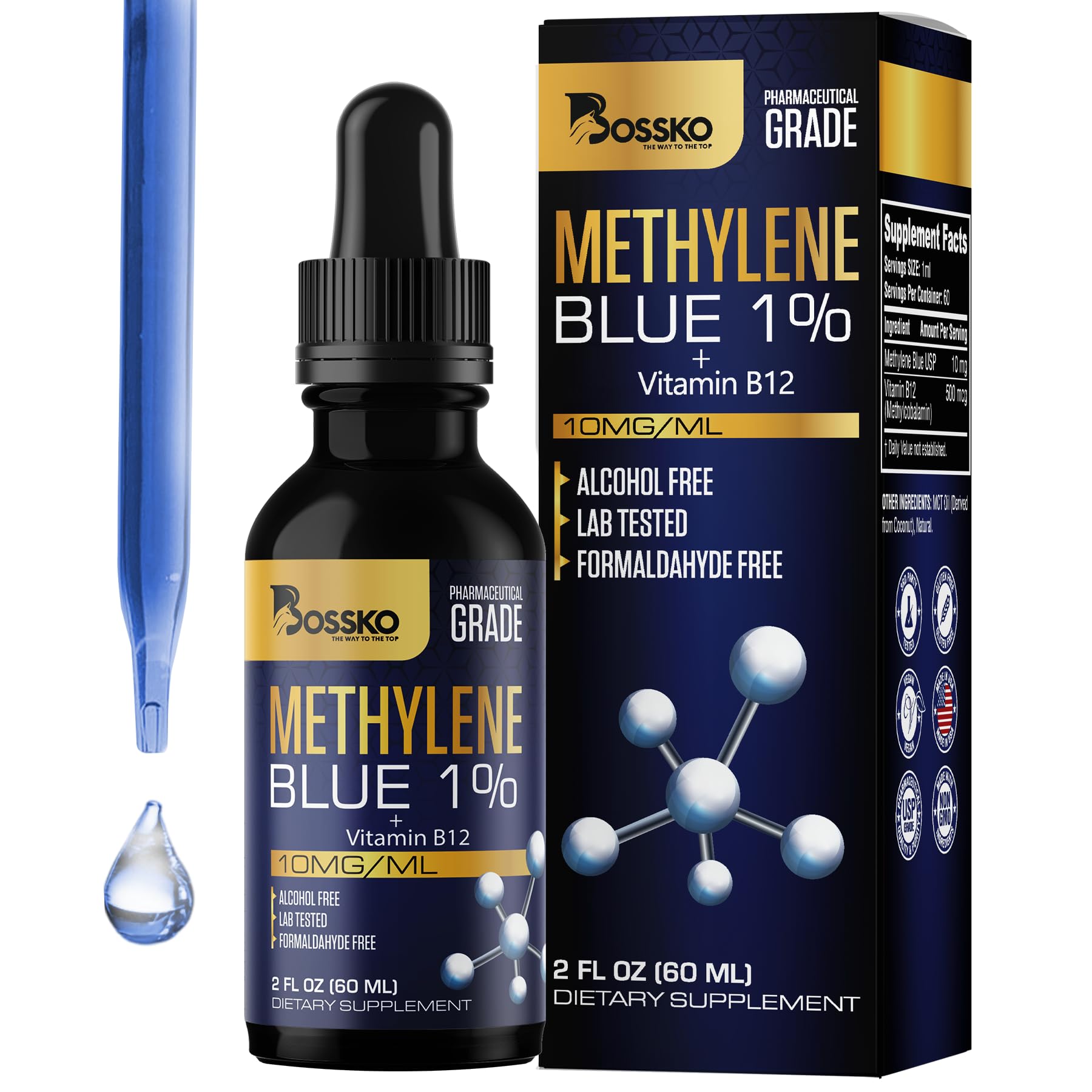 Bossko Methylene Blue 1% Solution 99.99% Pure Pharmaceutical Grade with B12 & Magnesium | Brain & Cellular Support | Third-Party Tested Dietary