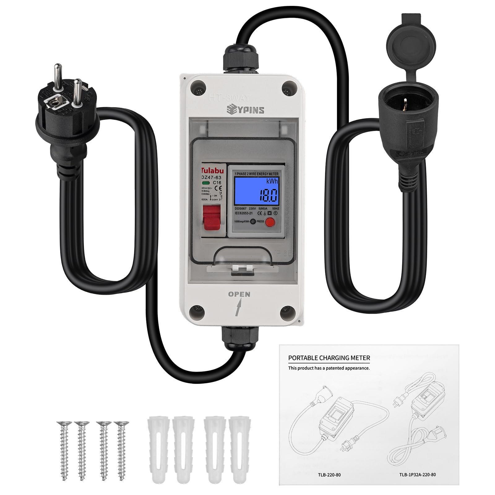 EYPINS Mobilny cyfrowy licznik prądu 80 A, 230 V, zewnętrzny, mobilny miernik KWH z przełącznikiem LS, przenośny licznik prądu LED z resetem, wtyczka SK, złączka, 2 x kabel 1,5 m do kamperów