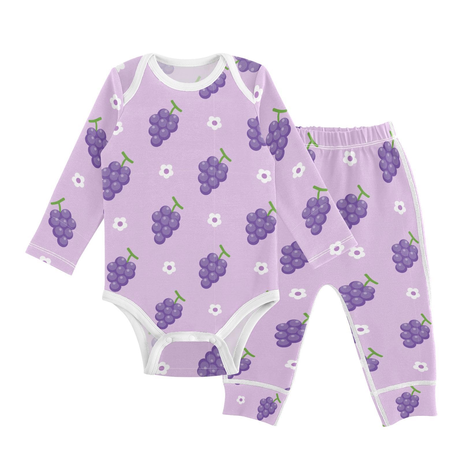 vvfelixl Baby Bodysuits Pants Sets Purple Grape Pattern Baby Bodysuit Long Sleeve Baby Clothes for Boys Girls 12-18M