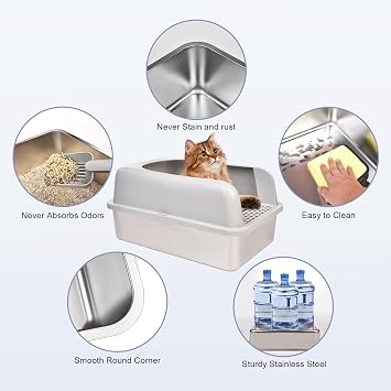 Henkelion Cat, Dog Carrier for Small Medium Cats Puppies up to 15 Lbs, Airline Approved Soft Sided - Grey, Stainless Steel Cat Litter Box with Lid, 24 L x 16 W x 11.8 H, Include Cat Mat and Scoop