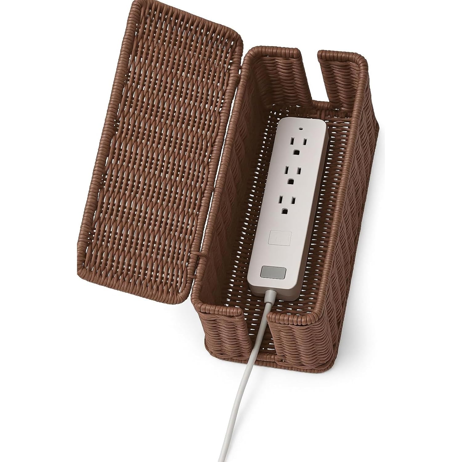 Soko Woven Faux Rattan Cable Management Box| Cord Hider with Lid, 2 Open Slots Surge Protector | Power Strips, Router, TV, Gadget Wires Organizer Tray for Desktop, Table-Home, Office (Large) Brown