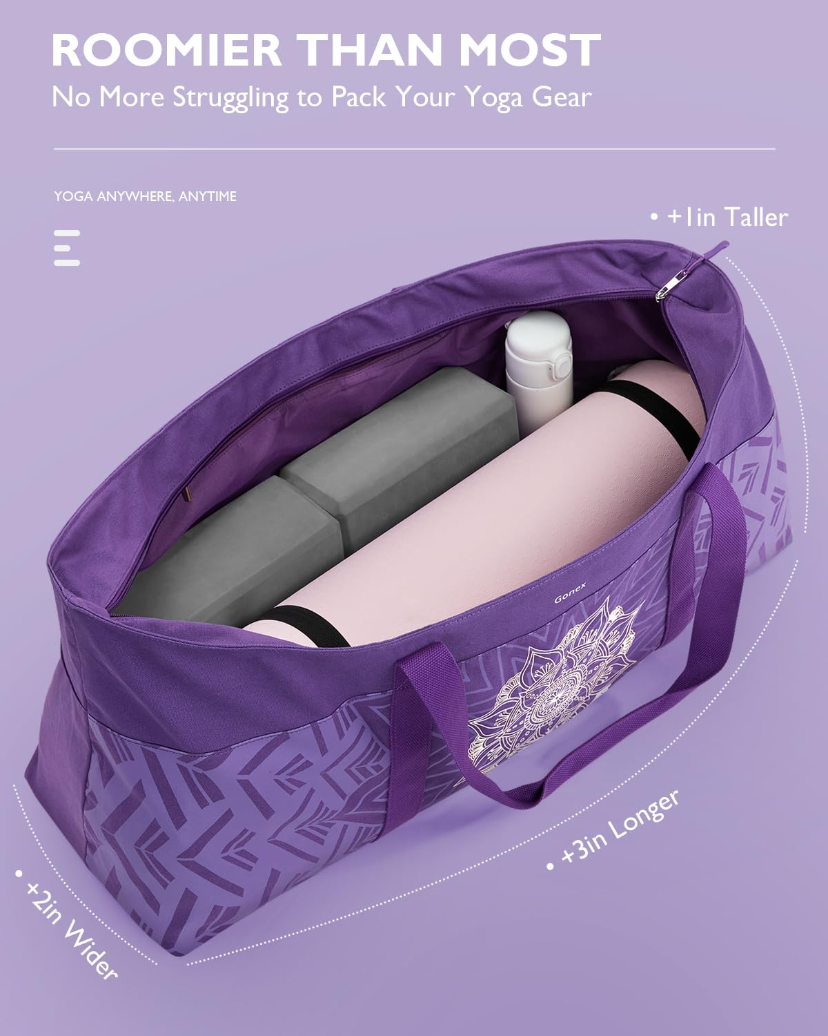 Gonex Borsa Yoga Donna in Tela Extra Large, Borsa da Palestra con Tasca Impermeabile e Cerniera in Metallo, Porta Tappetino e Mattoncini, per Yoga, Pilates, Viaggi